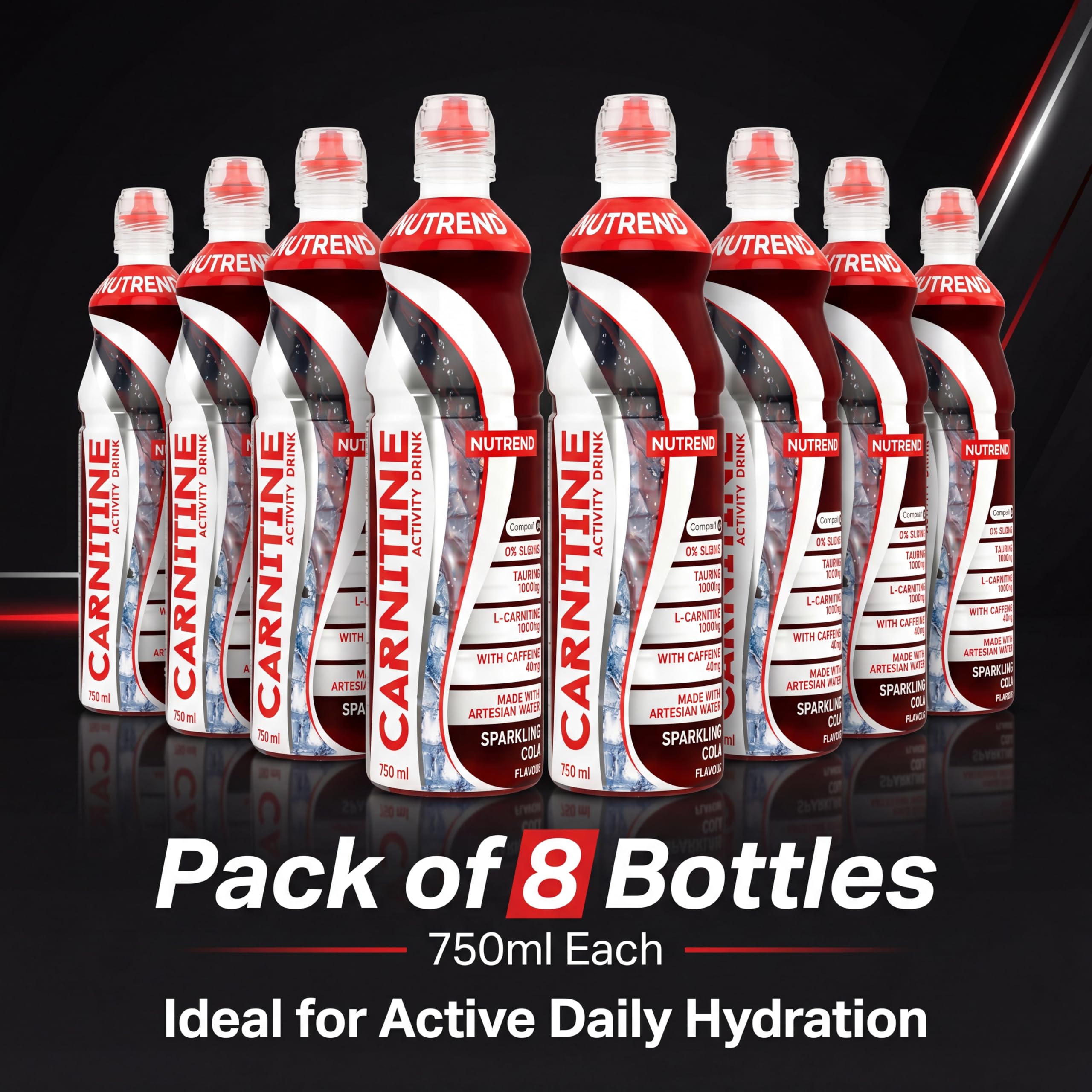 Bebida de Carnitina Nutrend Sabor Cola 750 ml Pack de 8 – bebida fitness lista para tomar con L-carnitina para energía, hidratación y estilo de vida activo