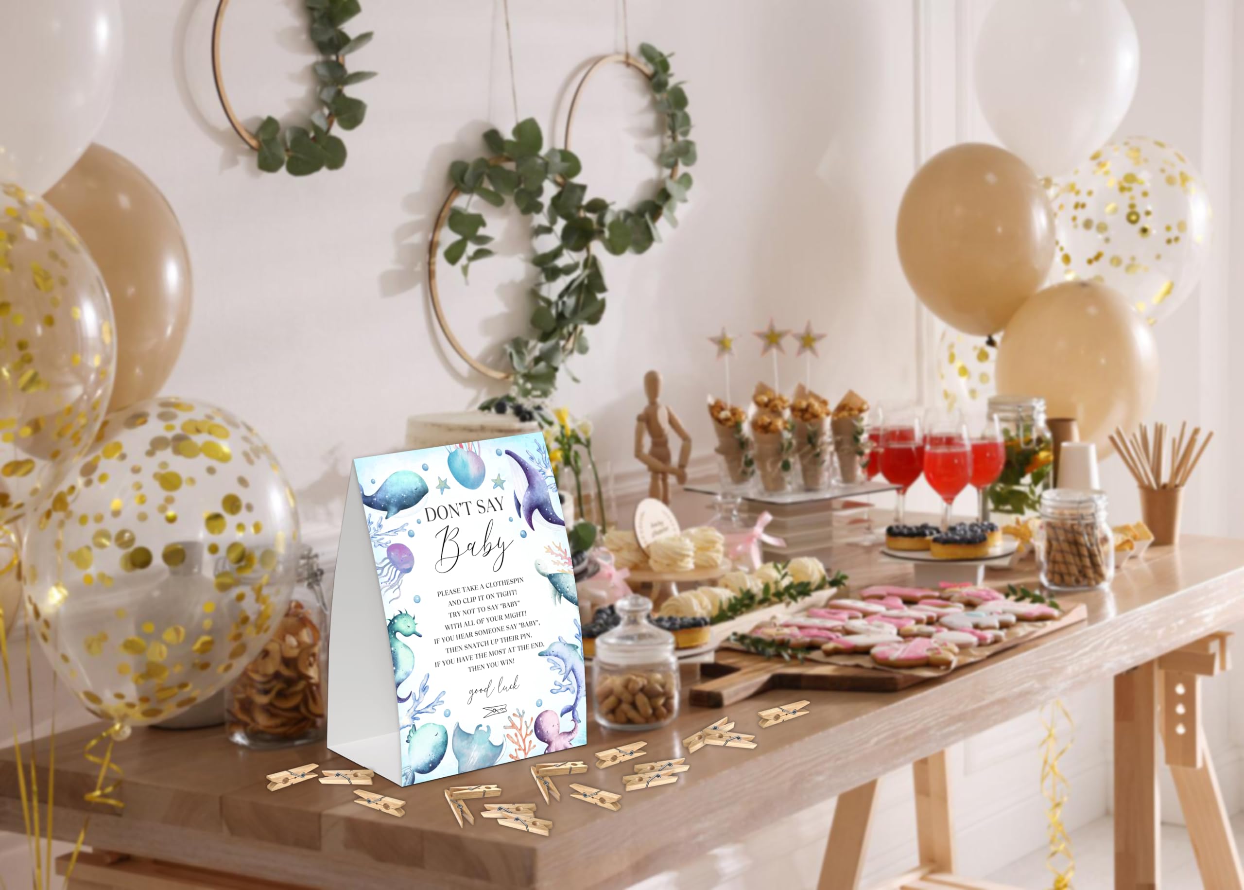 Don’t Say Baby Game – Ocean-Themed Baby Shower Game With Sign & 50 Clothespins, Gender Neutral Party Fun