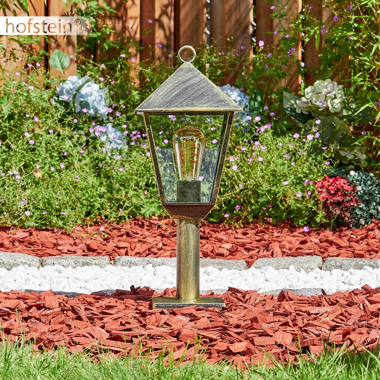 HOFSTEIN Lampa zewnętrzna Anfei, lampa cokołowa z metalu/szkła w kolorze brązowo-złotym/przezroczystym, oświetlenie ścieżki o antycznym wyglądzie, wysokość 50 cm, oświetlenie ogrodowe IP44, 1 x E27,