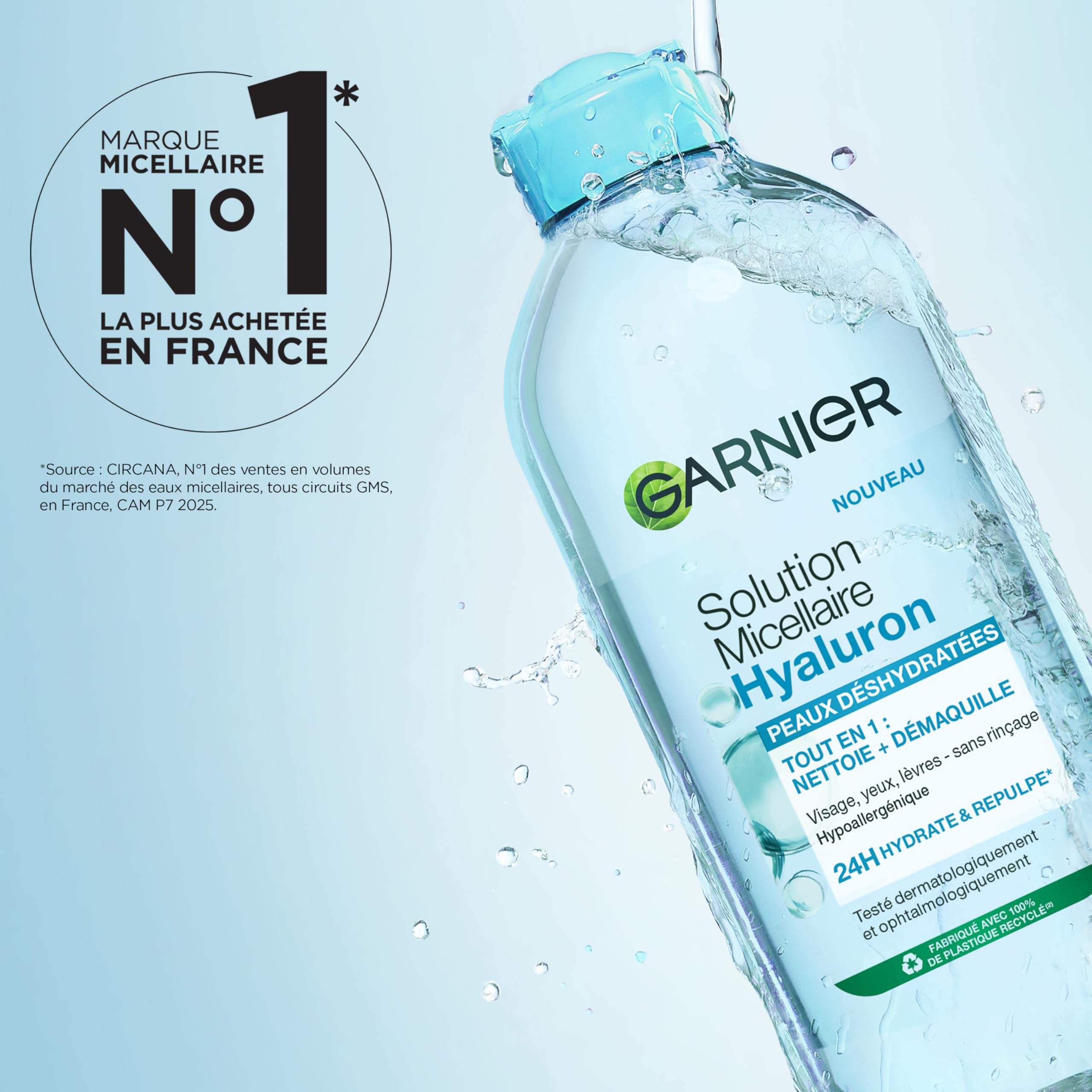 GARNIER Skin Active - Solution Micellaire Tout-En-1 - Nettoie, Démaquille & Hydrate - Micelles & Acide Hyaluronique - Visage, Yeux, Lèvres - Peaux Déshydratées - 400 ml