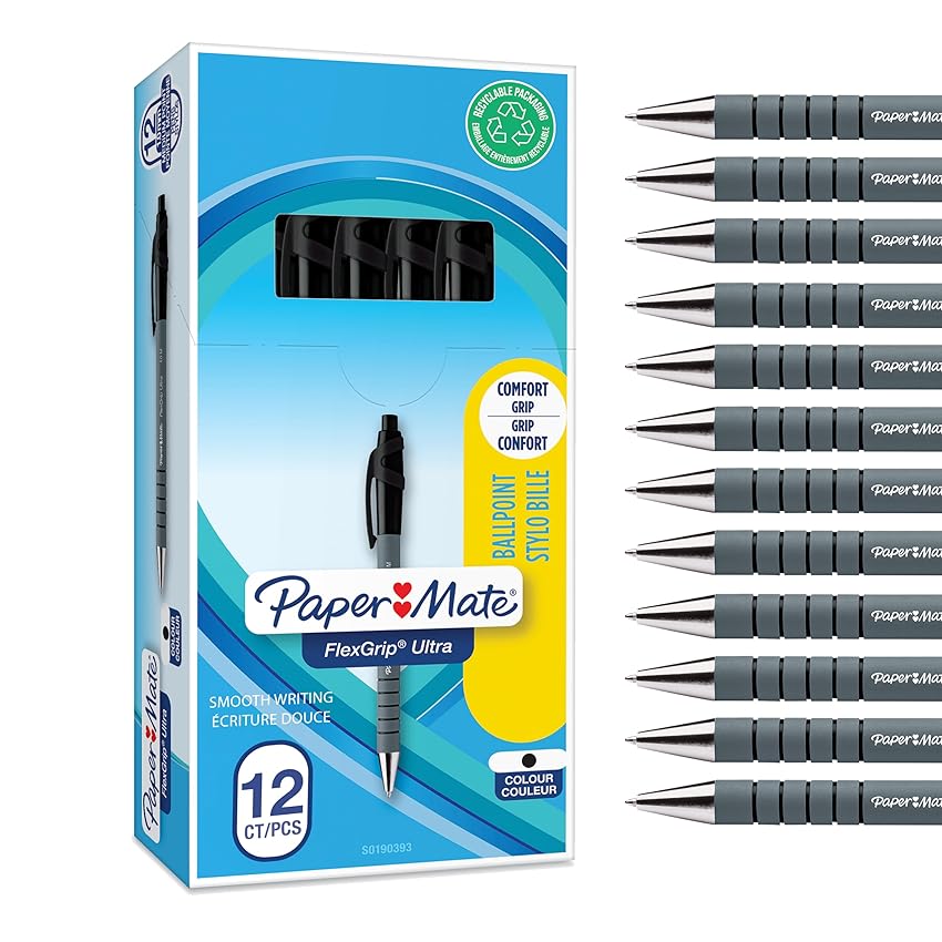 Paper Mate Flexgrip Ultra penna a sfera a scatto | punta media (1 mm) | nero | Materiale scolastico | confezione da 12