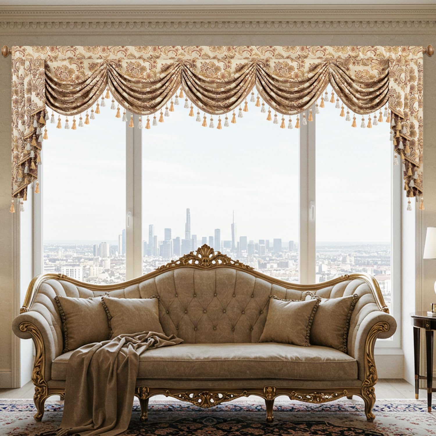 Leeva 138" Extra Wide Waterfall Valance, Buttercream Damask with Beaded Tassels, Luxury Swag Curtains for Mansions & Villa Window Treatments