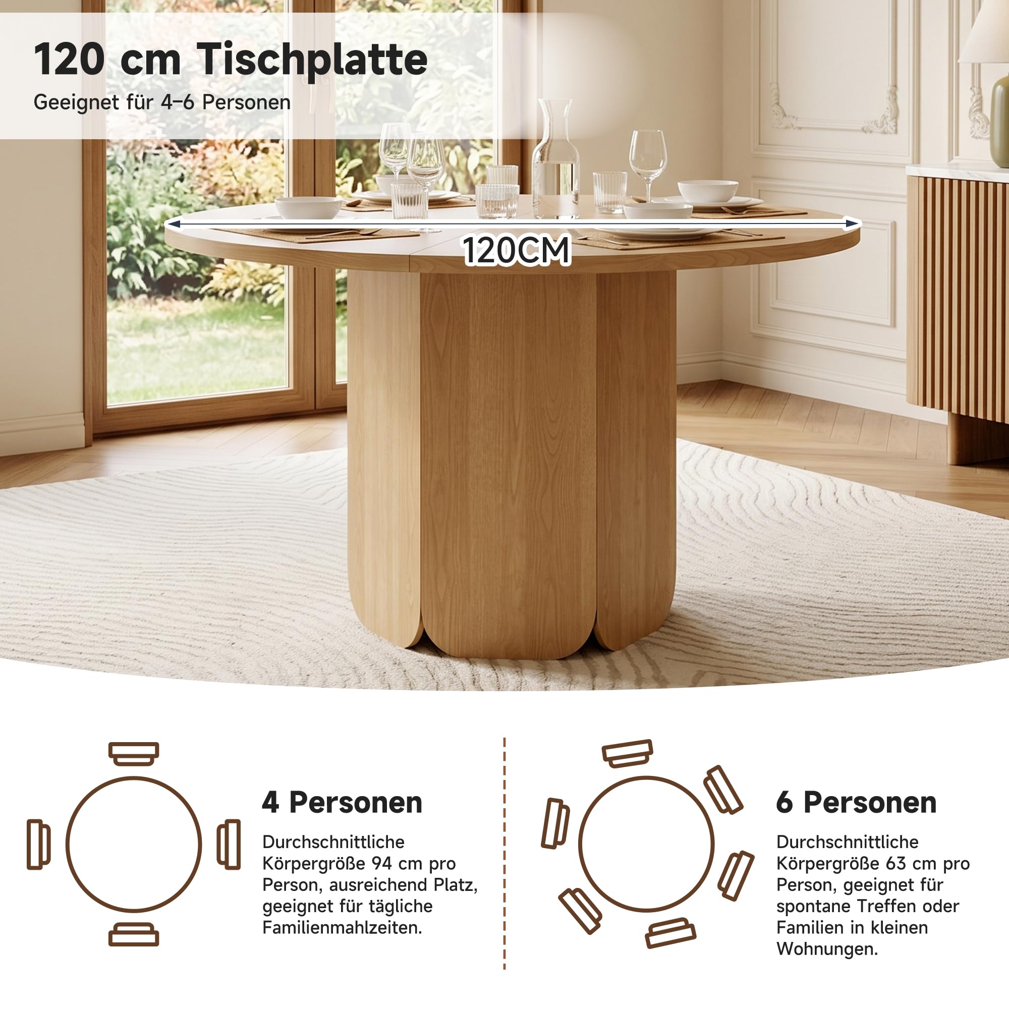 Tavolo da pranzo rotondo, 120 x 120 cm, adatto per 4-6 persone, di alta qualità, durevole e resistente ai graffi, colore rovere (senza sedia)