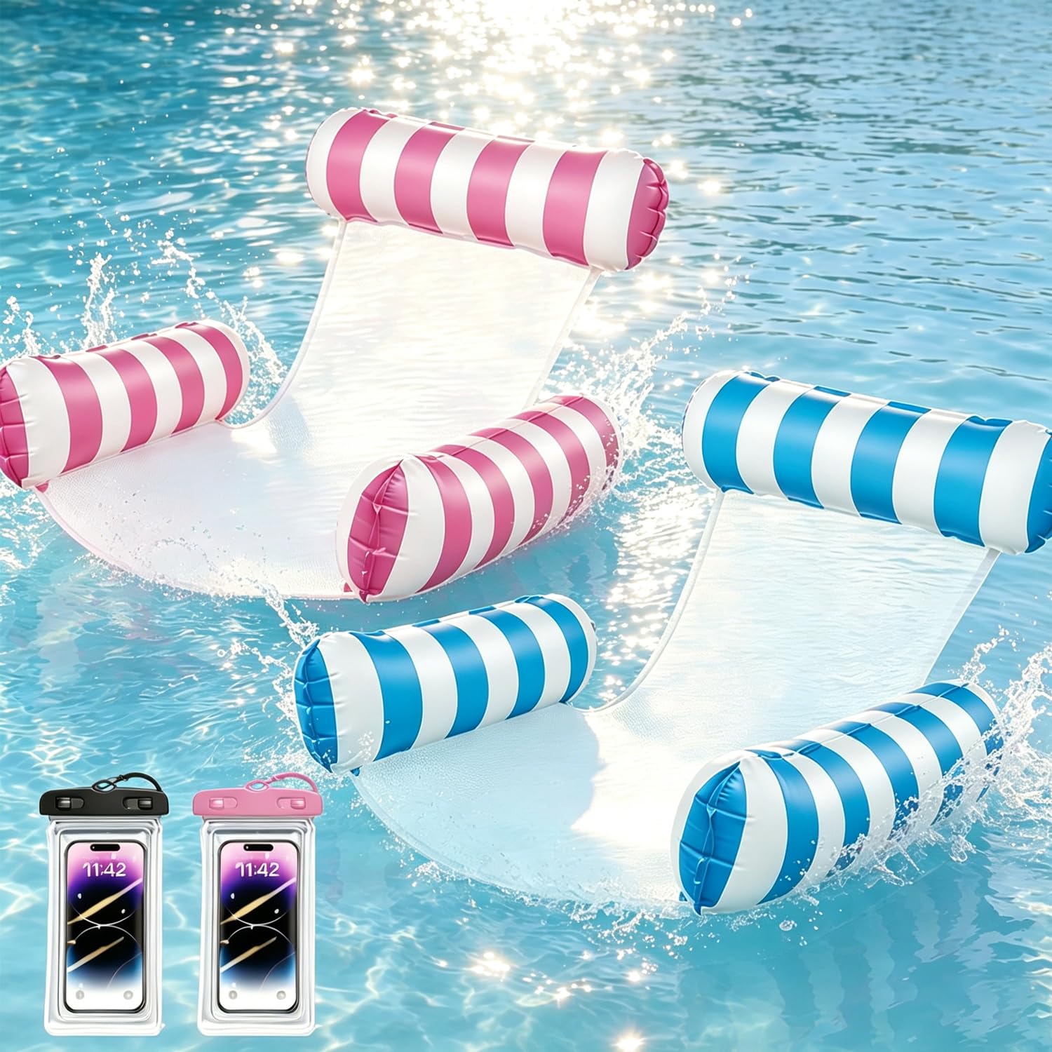 2 Stück XL Luftmatratze Pool mit Netz,Luftmatratze Wasser Mehrzweck 4 in 1,Wasserhängematte für Erwachsene und Kinder mit 2 wasserdichte Handytasche,für Schwimmbad Partys Strand Wasserspielzeug(#1) Spielzeug