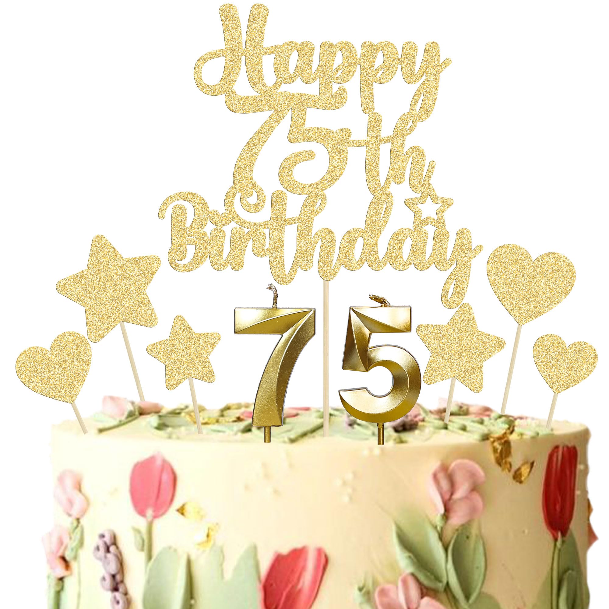 Gyufise 15Pcs Happy 75th Birthday Cake Topper Set with Heart Star Glitter Cheers to 75 Years Cake Picks Number 75 Candles Cake Decorations for Happy 75th Birthday Anniversary Party Supplies Gold
