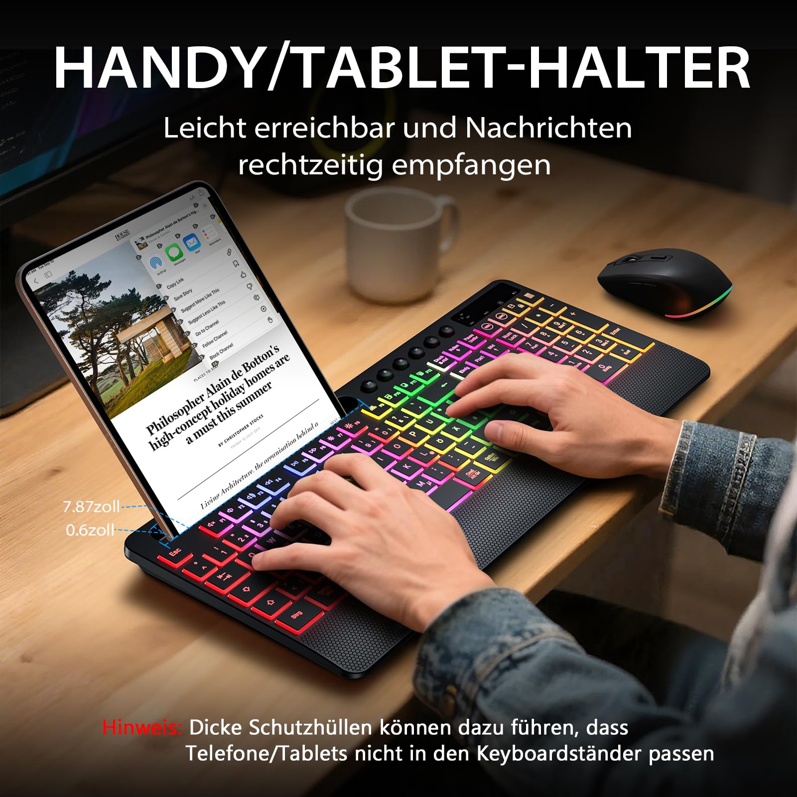 Hamile Tastatur Maus Set kabellos Beleuchtete mit Handyhalter, 2,4G QWERTZ