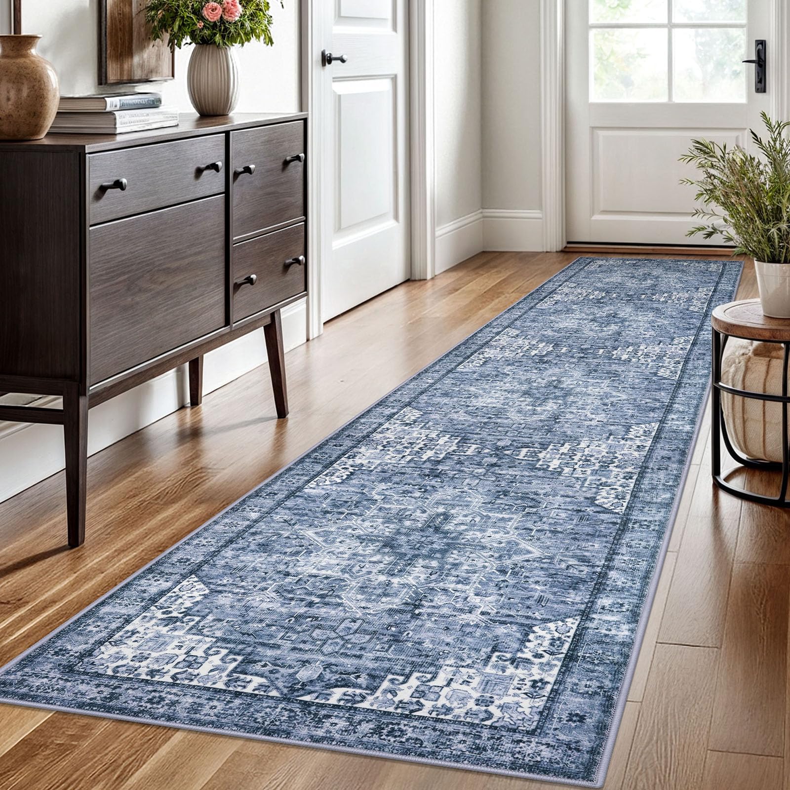 SIILOOM 2.6x10 Washable Rug for Entrance, Blue Soft Printed Area Rug, Non-Slip Kitchen Rugs, Low-Pile Medallion Indoor Door Mat, Small Farmhouse