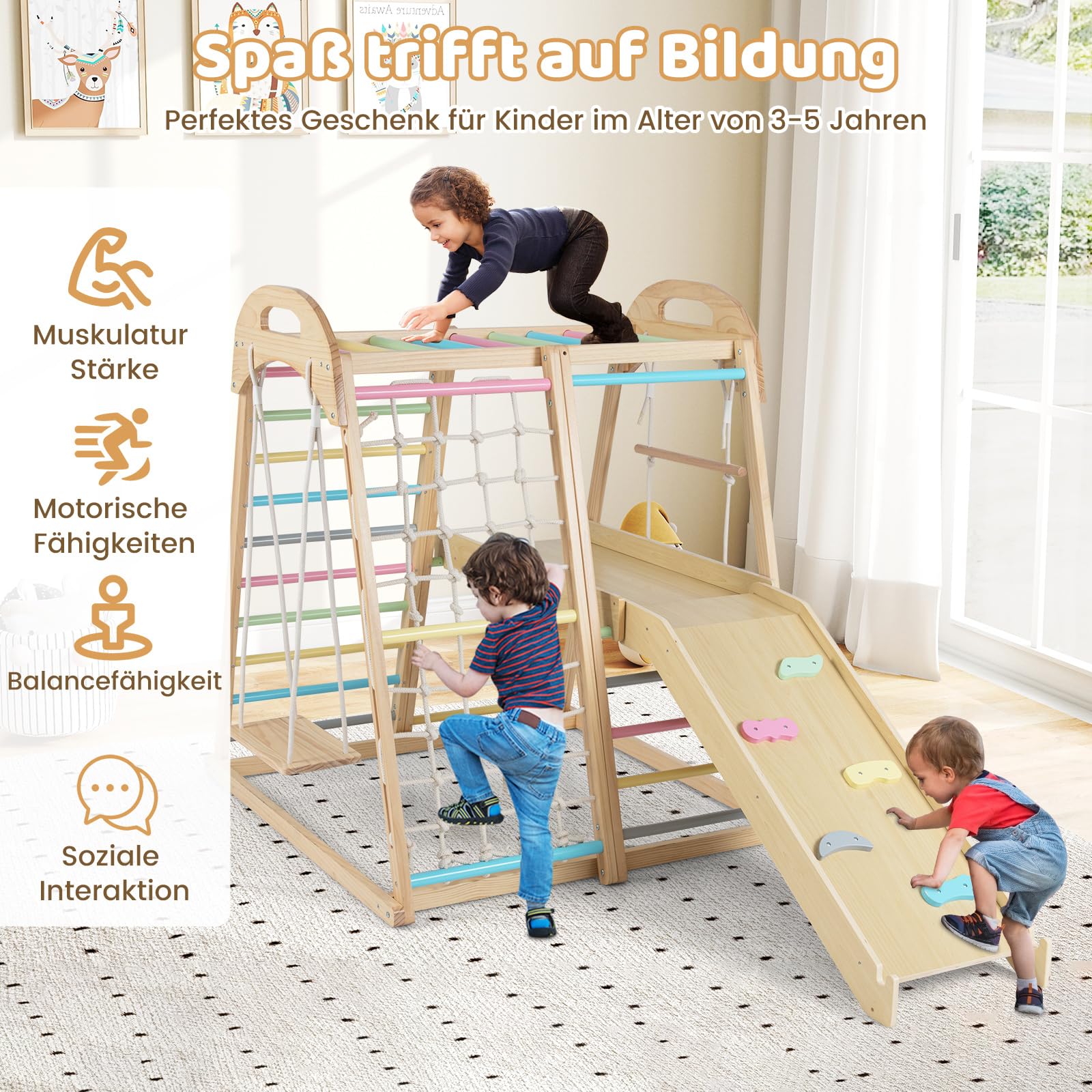 COSTWAY Drewniany plac zabaw dla dzieci, rusztowanie wspinaczkowe 8 w 1, drążek małpy, huśtawka, siatka do wspinaczki, drabina, skała, zjeżdżalnia, platforma