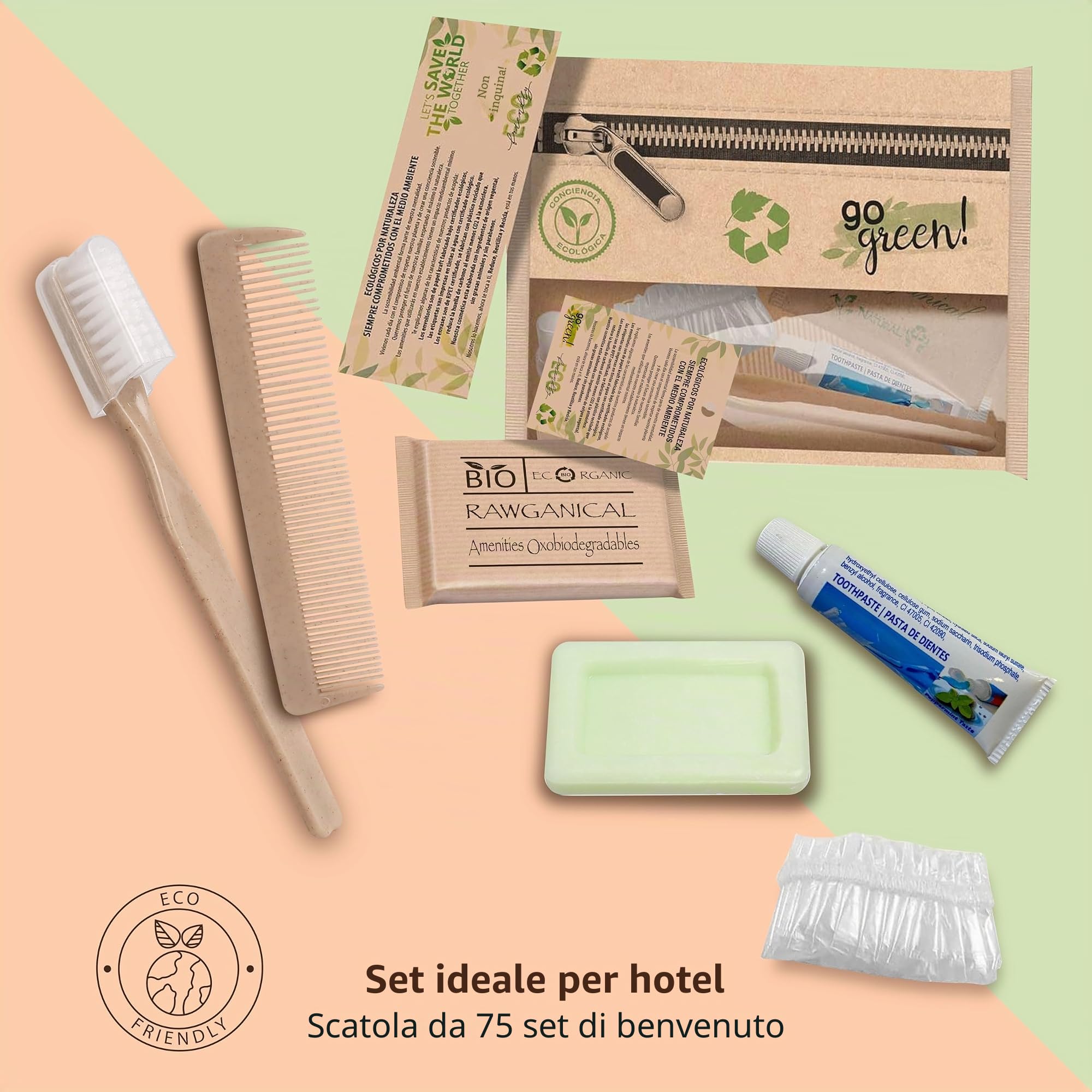 Set di 75 set di auguri per hotel, 5 pezzi, 100% ecologico, beauty case Bio Eco | set di igiene personale Bio Hotel | set di benvenuti in hotel