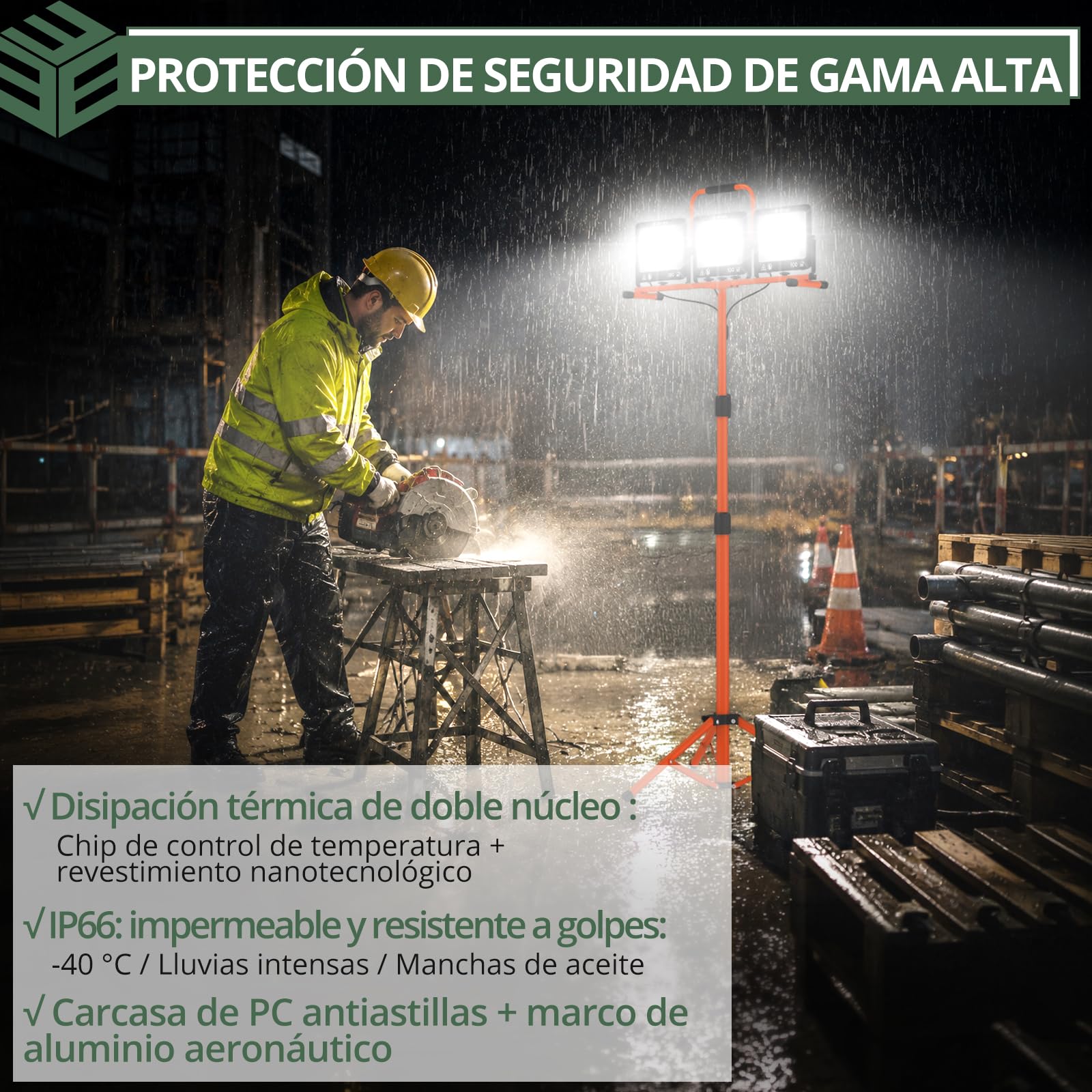 EYPINS 3×100W Foco LED de Trabajo con Trípode Telescópico 1.65m 28500LM | IP66 Impermeable, 3 Temperaturas de Color(3000K/5000K/6500K),5m Cable,Rotación 360°, Construcción Taller Reparaciones Jardin