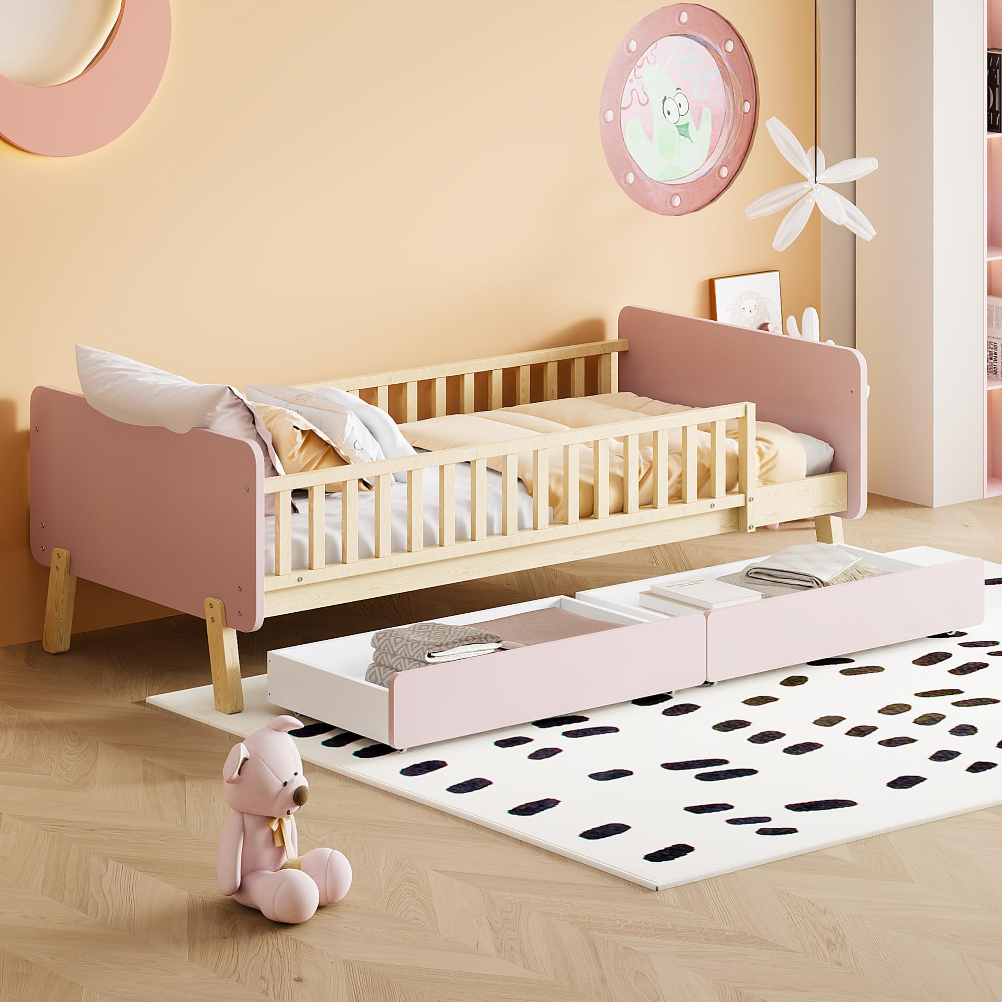 Azkoeesy Cama Infantil 90 x 190 cm con 2 cajones, con somier y Barrera anticaídas, máx. 150 kg (Rosa)