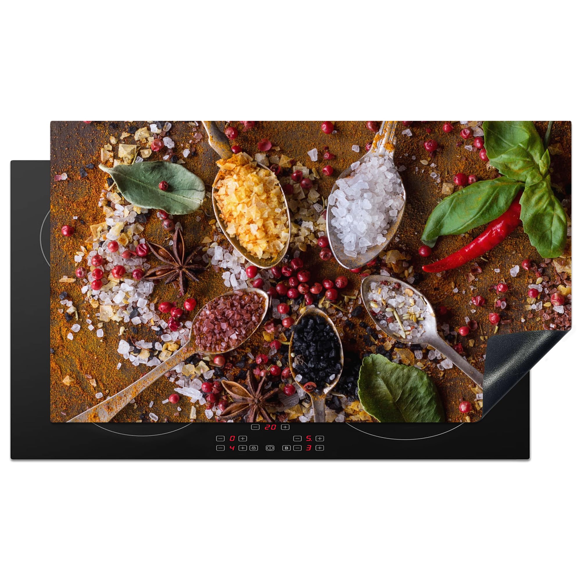 KitchenYeah© Induction Hob Cover Protector Mat 20.3"x35.3" / 89.6x51.6 cm Kitchen Universal Ceramic Covers for Electric Cookers Vinyl Spices - Herbs - Spoons - Salt - Brown - Kitchen — image 1