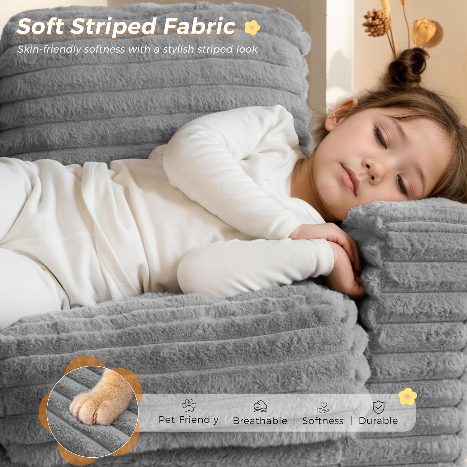 MAXYOYO Extra Wide Kids Bean Bag Chair, Comfy Faux Fur Bean Bag Sofa with Filler, Upholstered Floor Sofa with Pillows and Armrests, Lazy Floor Chair Couch for Boys and Girls, Grey - Image 4