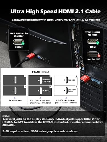 Miniatura 9 de Cable HDMI 2.1 de ultra alta velocidad de 48 Gbps, 8K a 60 Hz 4K a 120 Hz, HDR dinámico 10, eARC, Dolby Atmos, cable trenzado, compatible con Roku