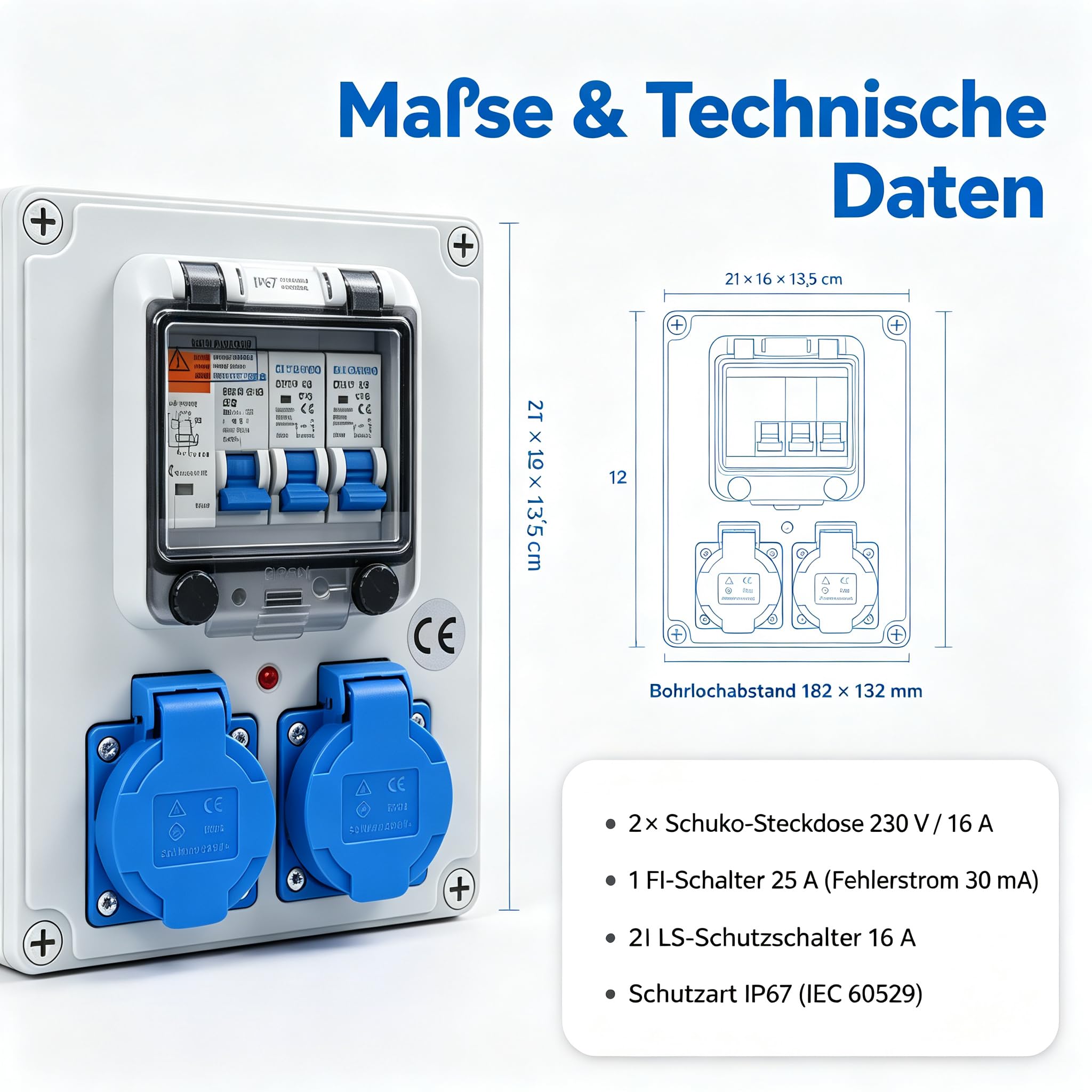 Wandverteiler Vorverkabelt Stromverteiler FI-Schalter LS 16A IP67 für Außen