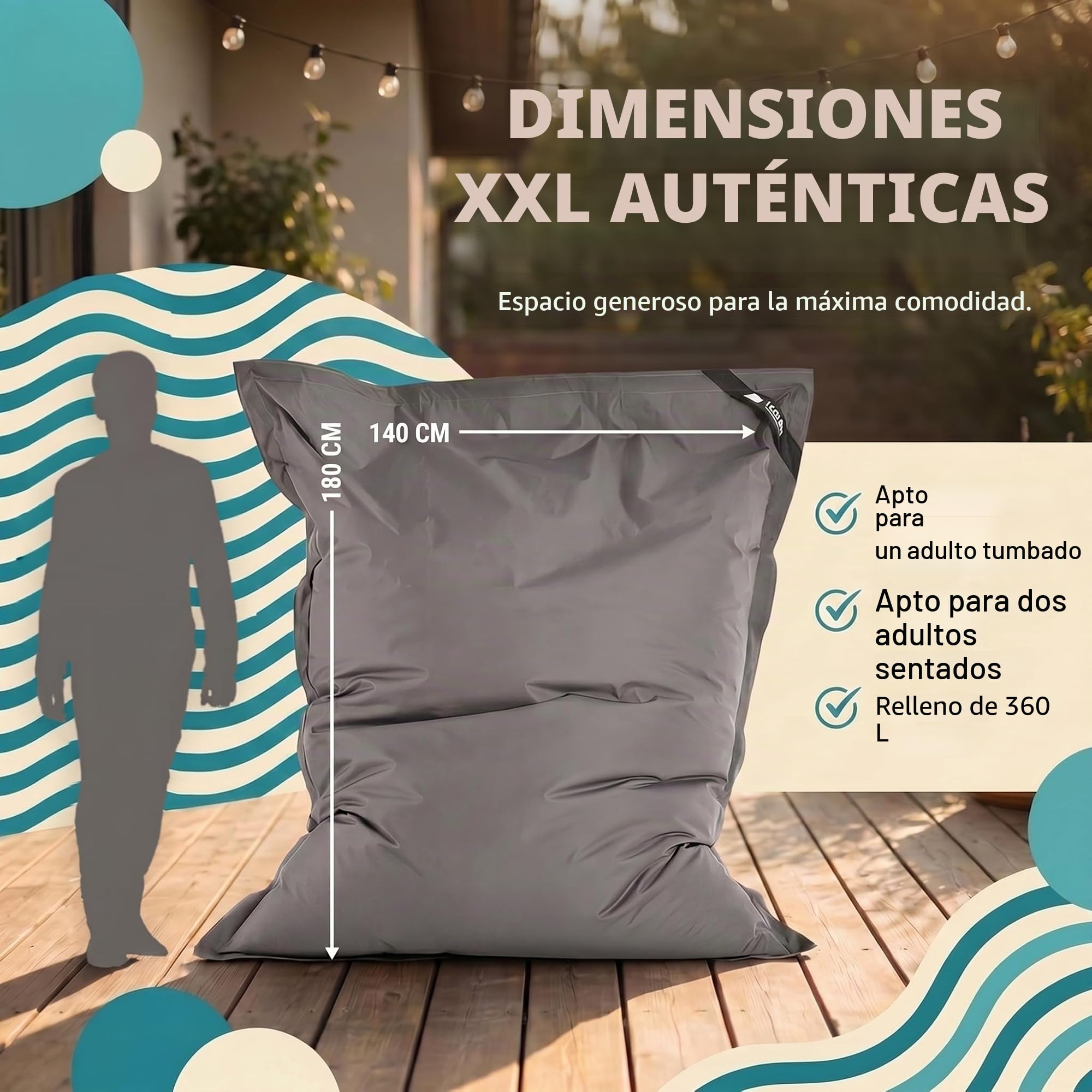 Grande Puff XXL Silla para Interior y Exterior Bean-Bag de Sala de Estar, balcón, jardín, Bolsa de Frijoles 400L Silla Gigante Puf niños y Adultos 180 x 140cm (Nylon, Gris Oscuro)