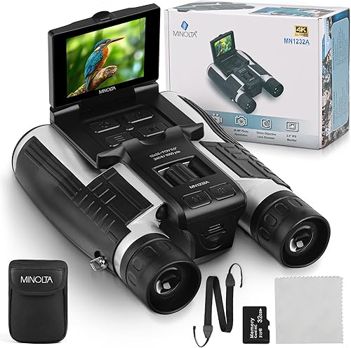 Minolta binoculares digitales 12x32 - Cámara de video 4K UHD, foto de 48MP, zoom digital 8X, pantalla IPS antirreflejos, ópticas resistentes a la