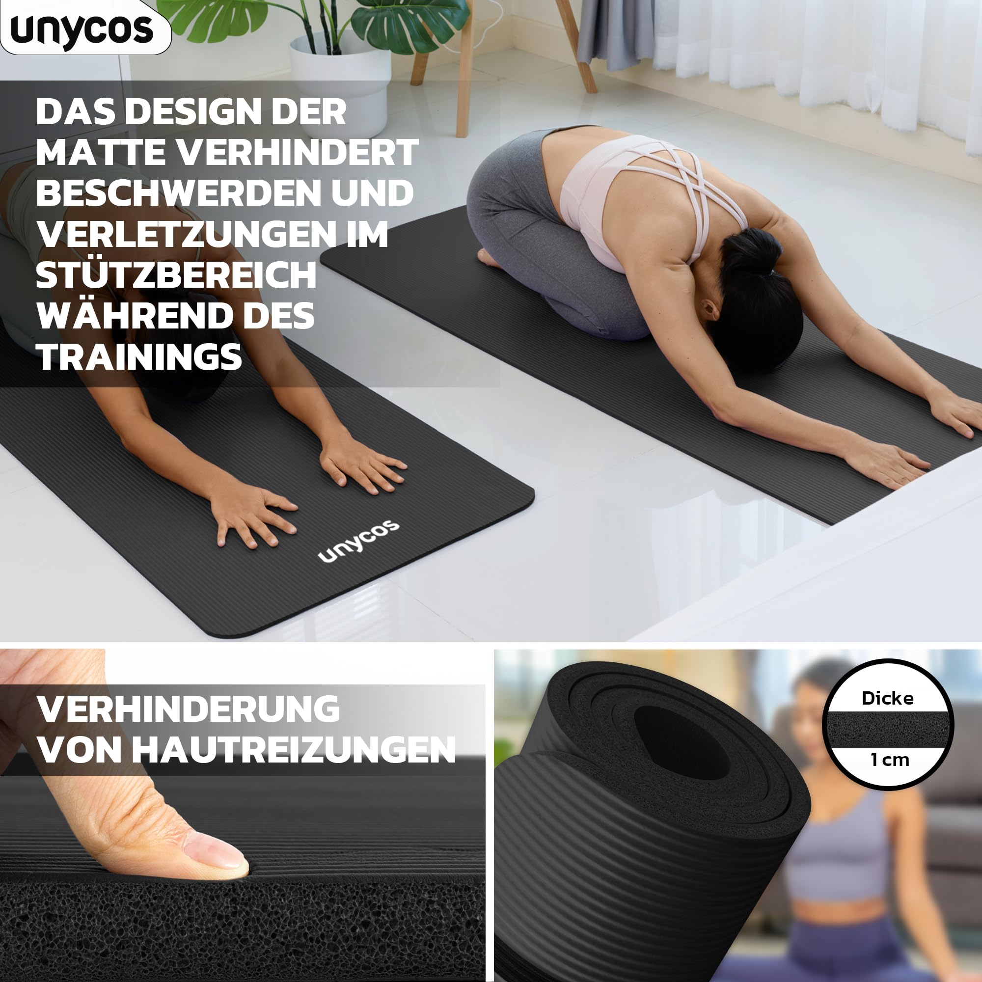 unycos - Yogamatte Rutschfeste | Hohe Dichte 6/10/15 mm, Gymnastikmatte mit Tragegurt und Schultergurt【inkl. E-Book】Hautfreundliche Fitnessmatte für Pilates, Trainingsmatte, Gym
