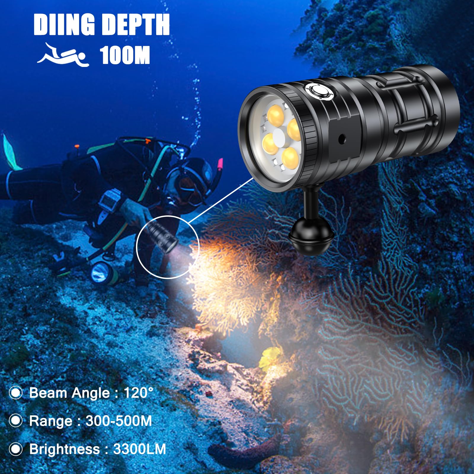 Subacquea per la Fotografia Subacquea, Torcia Subacquea Super Luminosa da 3300 Lumen, Luce Video Subacquea Impermeabile da 100 Metri Con Ricarica Type-C, Professionale per l'Illuminazione Subacquea