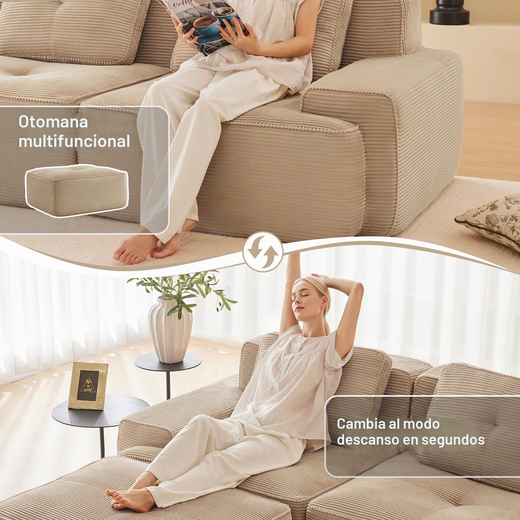 Sofá modular de pana en forma de L, sofá cama con taburete otomano, sofá de salón con comodidad y soporte de asiento bajo, sin montaje, espuma 32D de alta elasticidad (caqui claro, 3 plazas+1)