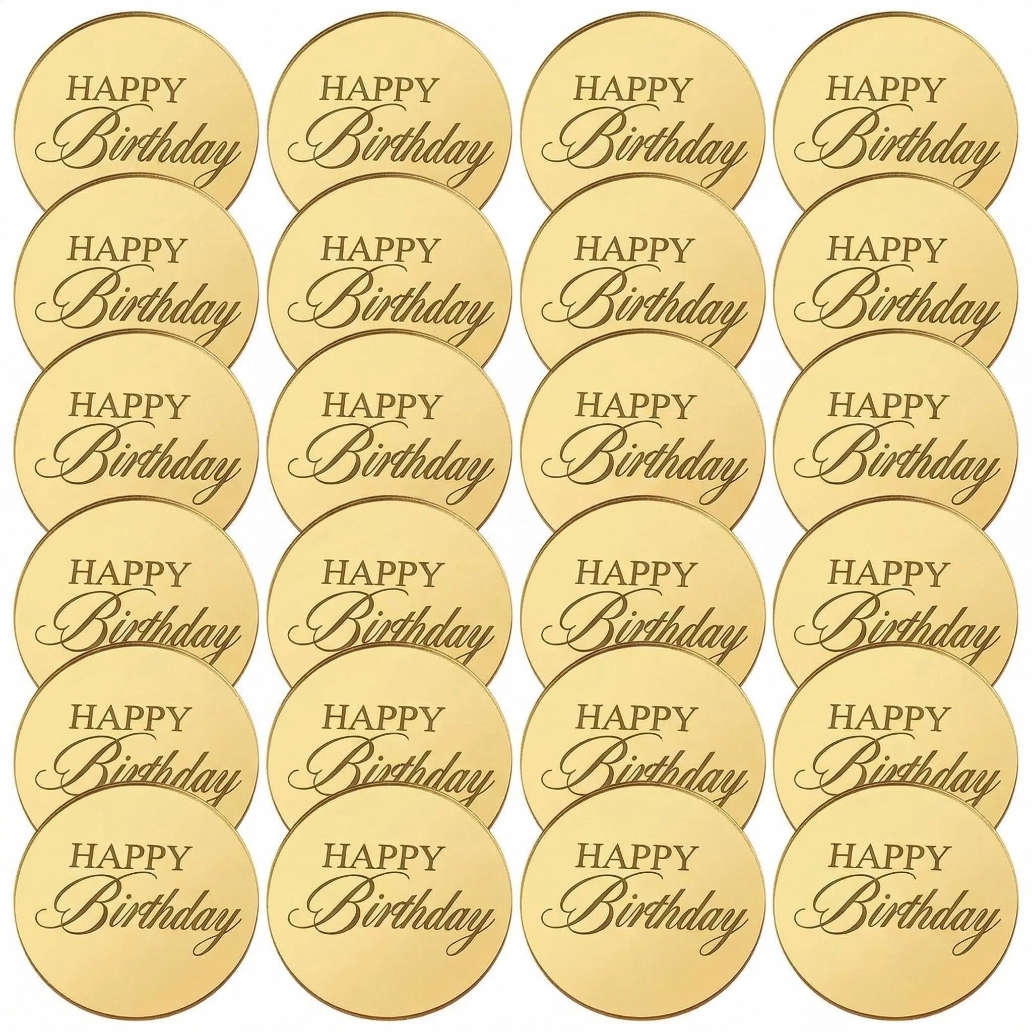 24 Pcs Gold Acrylic Cupcake Toppers, Round Happy Birthday Cake Decorations, Reusable Birthday Disc Toppers for DIY Party, Cakes & Desserts
