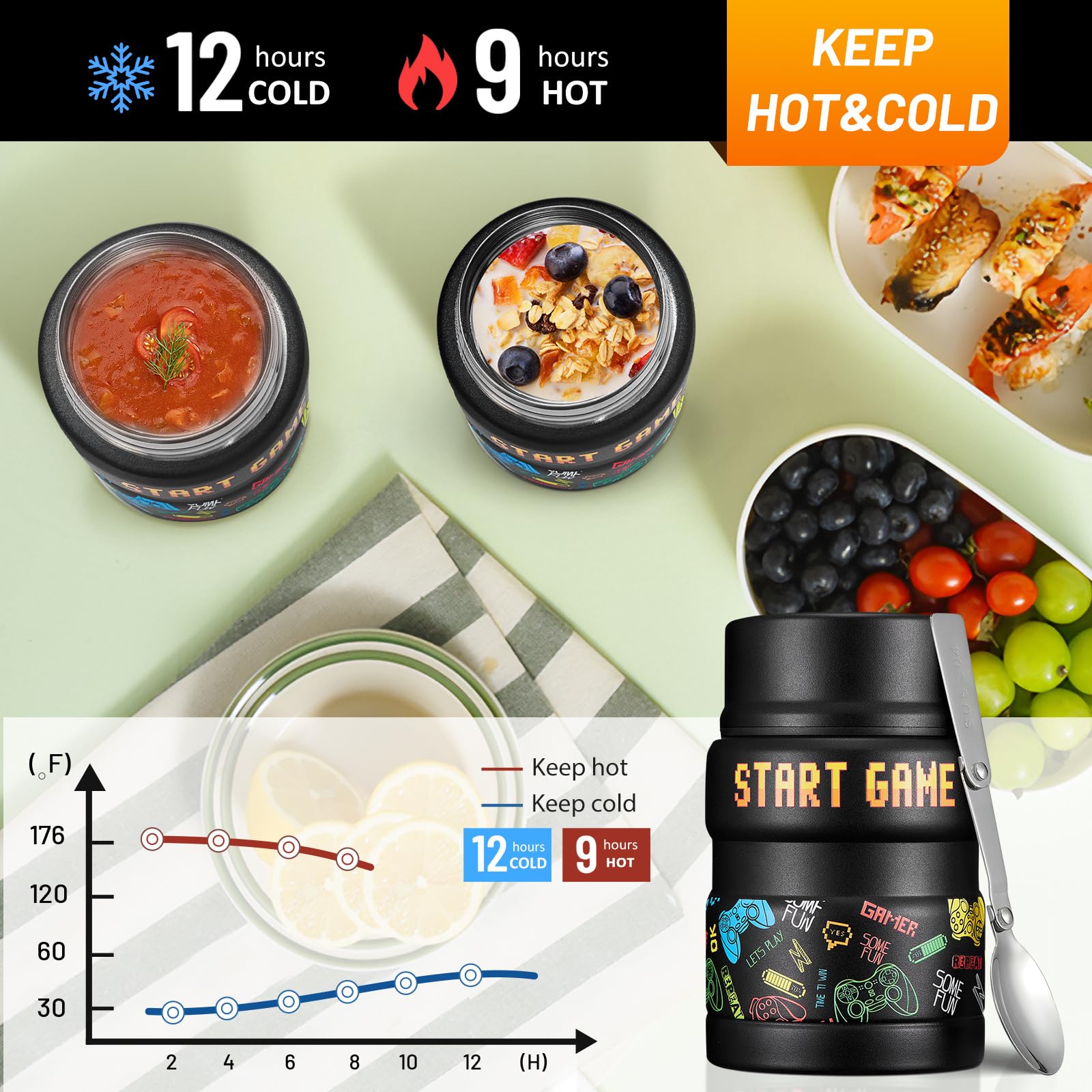 Charcy Termo para niños de 17 onzas para alimentos calientes, termo de sopa con cuchara plegable, tarro aislado para alimentos fríos y calientes, juego negro