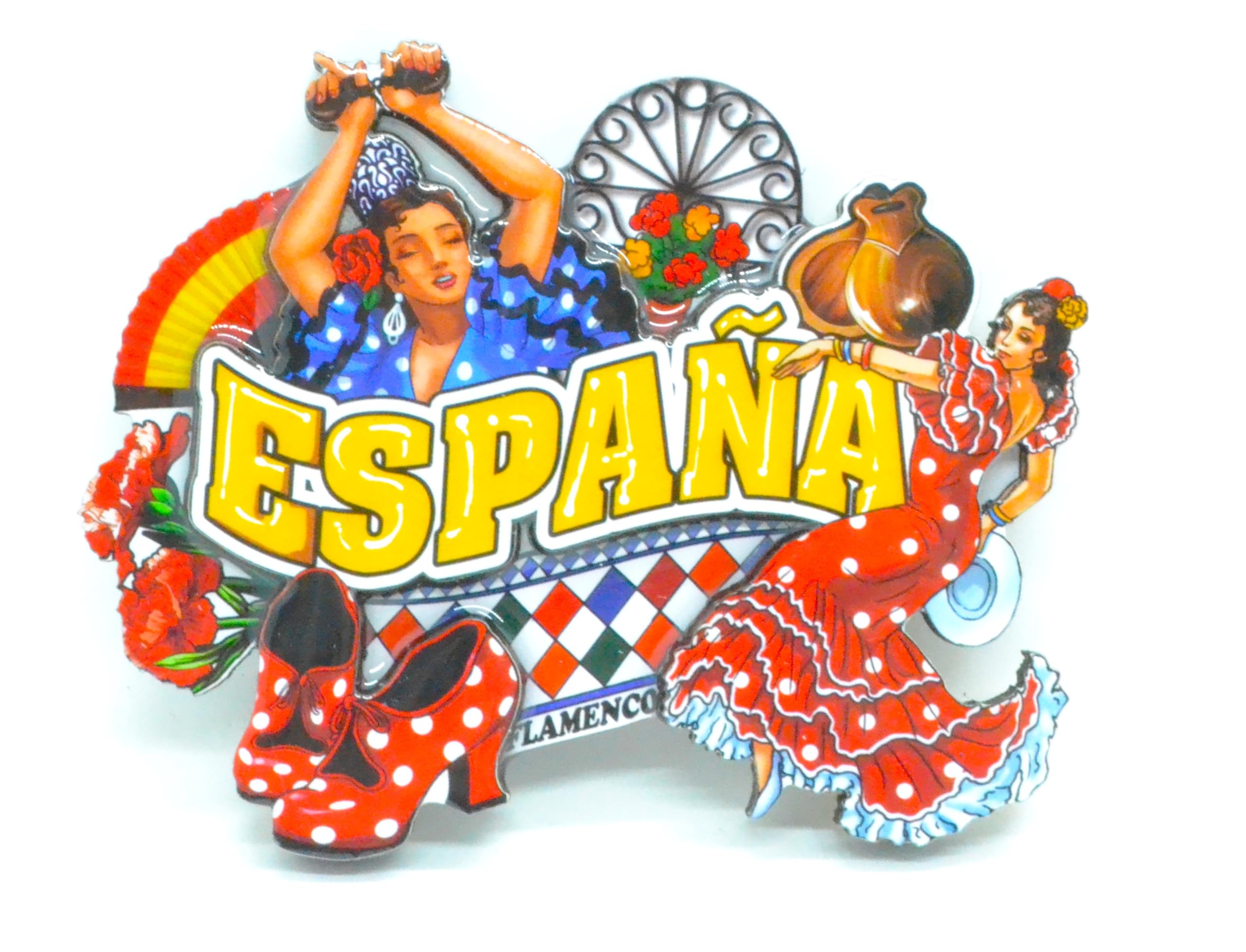 Fridge magnet. Spanish flamenco dancer. Flag of Spain. Polka dot dress with pericón figure. Sevillian fan