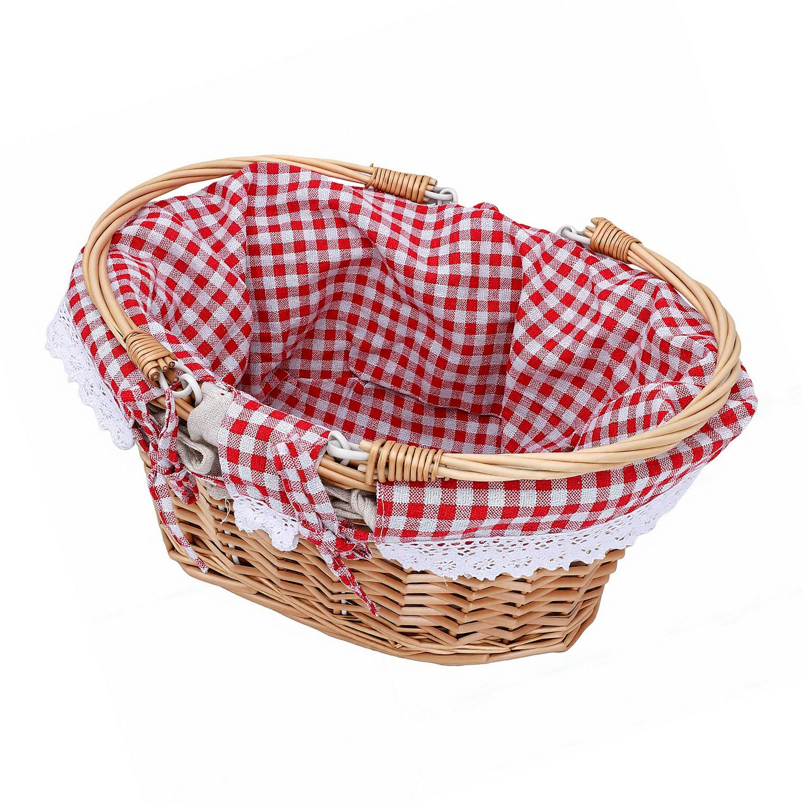 Tosuny Cestino da Picnic in Vimini, Cesto da Picnic Ovale Intrecciato con Doppi Manici Pieghevoli, Fodera Staccabile, Grande Cestino Vintage per Campeggio all'aperto (Griglia Rossa)
