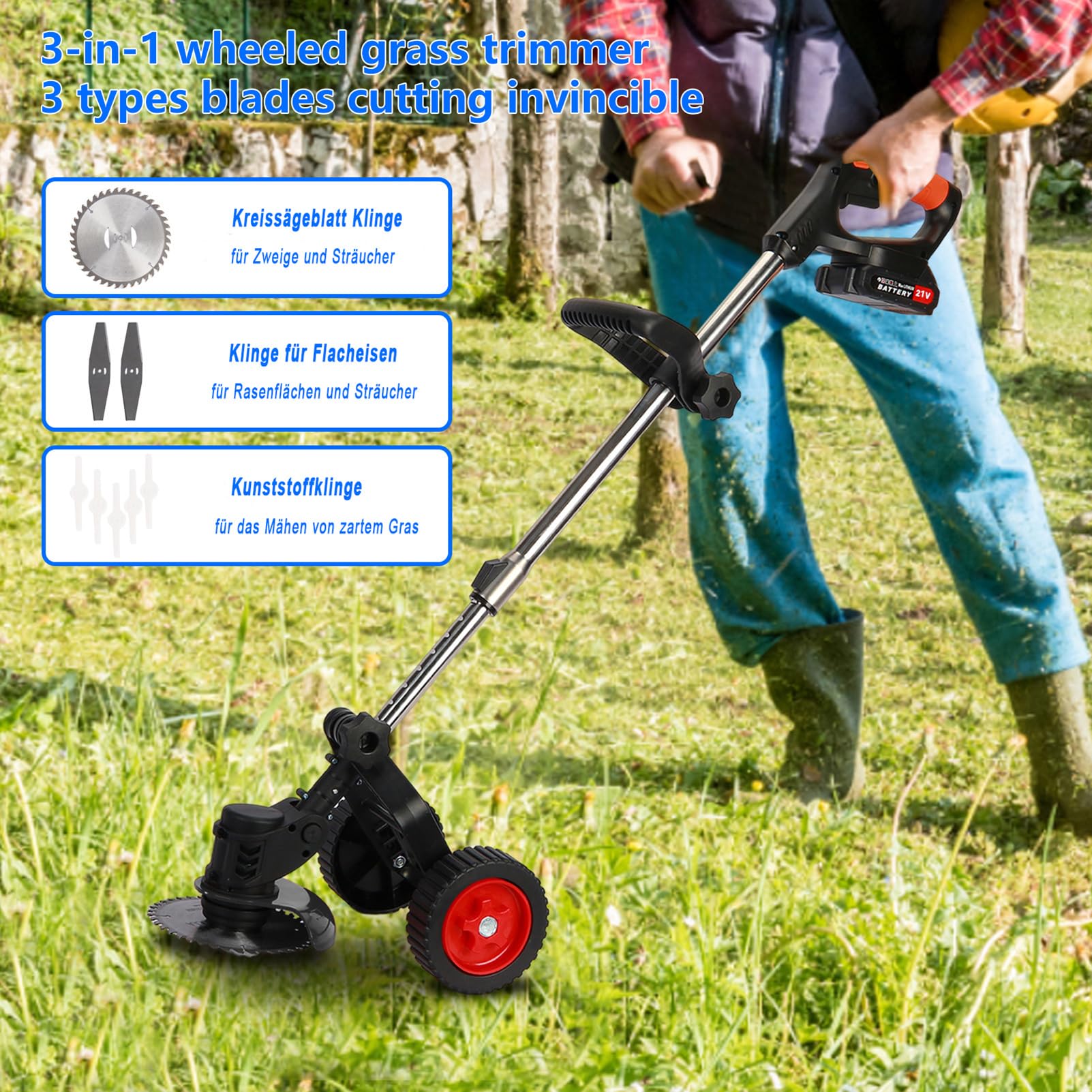 Desbrozadora de césped con batería, 12 V, 18000 R/min, 450 W, cortador de malas hierbas con 2 baterías de 2000 mAh y 1 cargador, desbrozadora con 5 cuchillas de plástico, 2 cuchillas de
