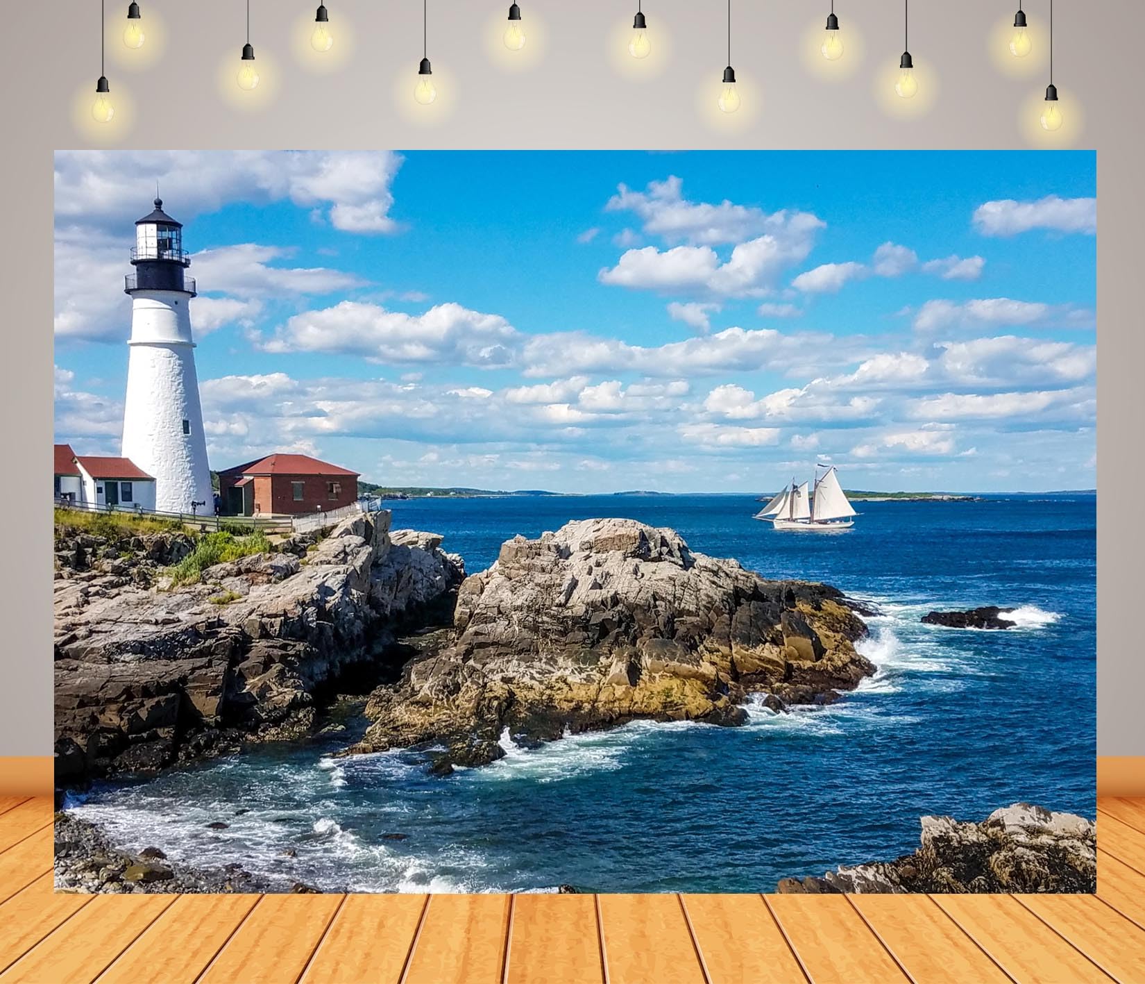 BELECO 12x8ft Fabric Lighthouse Backdrop Rocky Sea Coast Blue Ocean Cruise Ship, Portland Head Lighthouse Background Backdrop Lighthouse Party