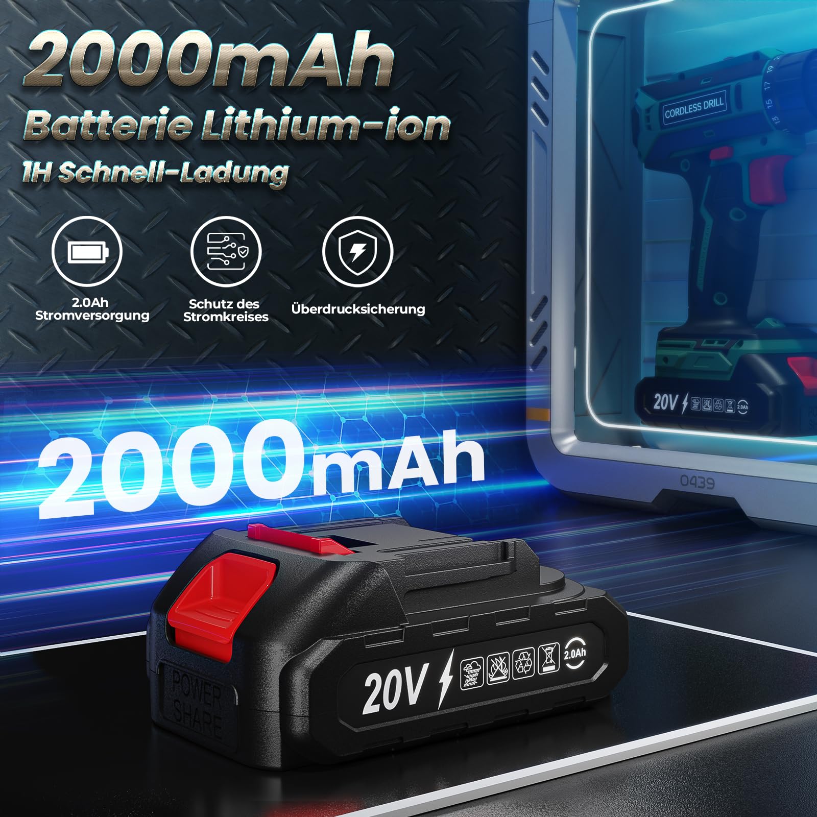 Akkuschrauber mit 2000mAh Akku, 20V Akku Bohrschrauber Set 42Nm Max, 2-Gang Akku-Bohrmaschine, Kompatibel mit Makita Akku, 25+1 Drehmomentstufen, 10mm Bohrfutter, LED-Licht, Für Reparatur und DIY Grün
