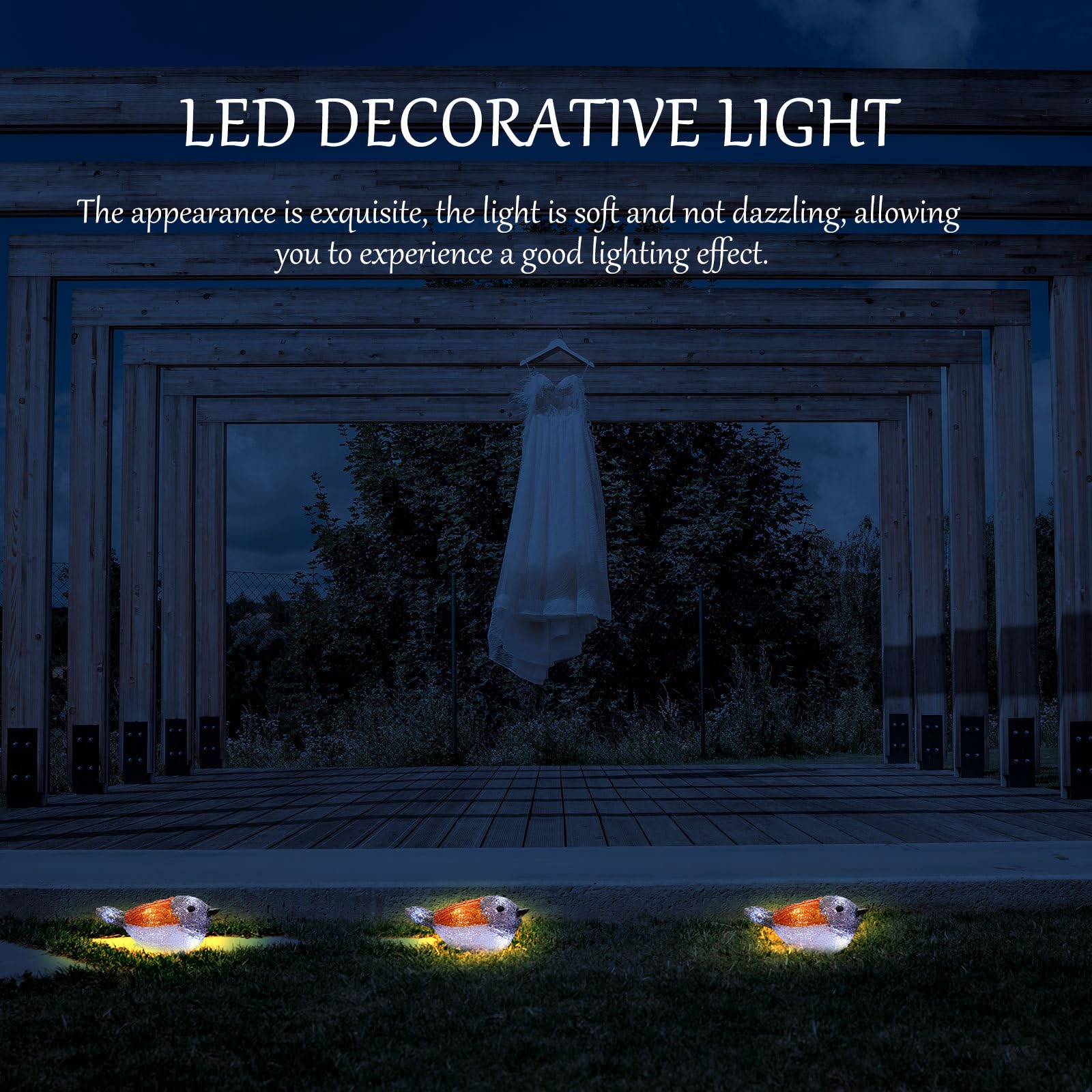 LED Lichterkette Rotkehlchen Weiß, Acryl Kunststoff, Ip44 | Solarbetriebene Vogel Motive, für Balkon und Fest, Stromsparend, Dekorative Außenbeleuchtung