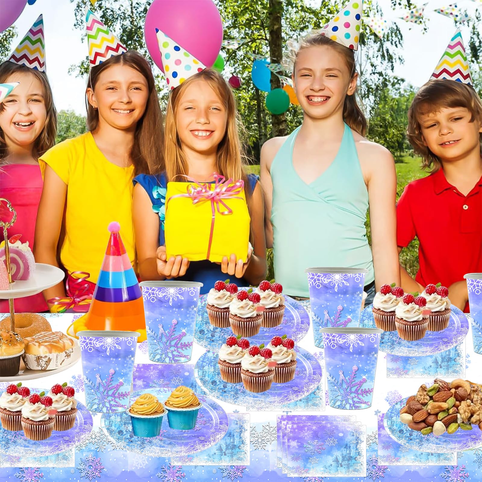 Frozen Stoviglie per feste, 61 pezzi Fiocchi di neve Stoviglie per compleanni per bambini, Tema neve e ghiaccio Set di piatti di carta per feste, Compresi bicchieri, tovaglioli e tovaglie