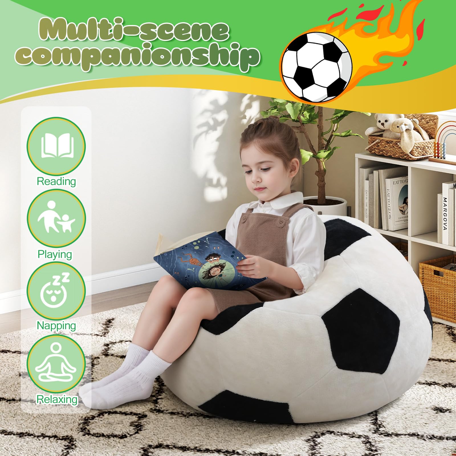 MeMoreCool Puf de fútbol para niños, asiento de sofá con relleno incluido, para niños y niñas, para leer y jugar, sofá suave para dormitorio y sala de juegos, 65 x 65 cm
