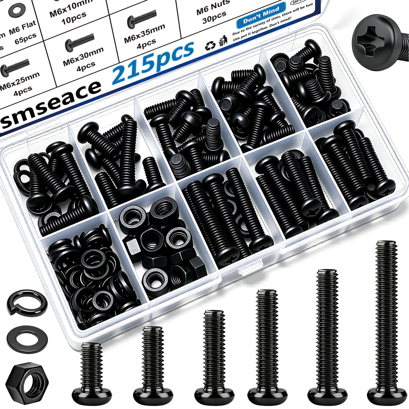 smseace 516Pcs Black Nuts and Bolts Assortment Kit 21-Sizes M3/M4/M5/M6 Nut Bolt Washer Assortment Kit for Machinery, Furniture, Automotive, Motorcycle Repairs — Amazon image 18