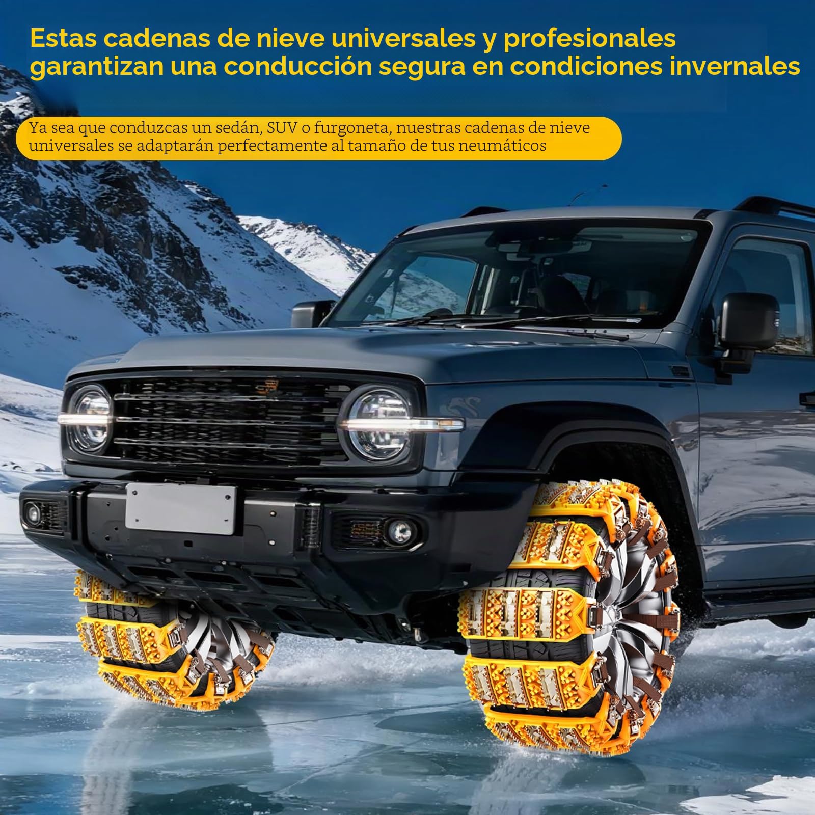 Cadenas de nieve 8 piezas antideslizantes y ajustables para neumáticos de 165-255 mm - Fácil de instalar, con púas, para coche, SUV, camión (Amarillo)