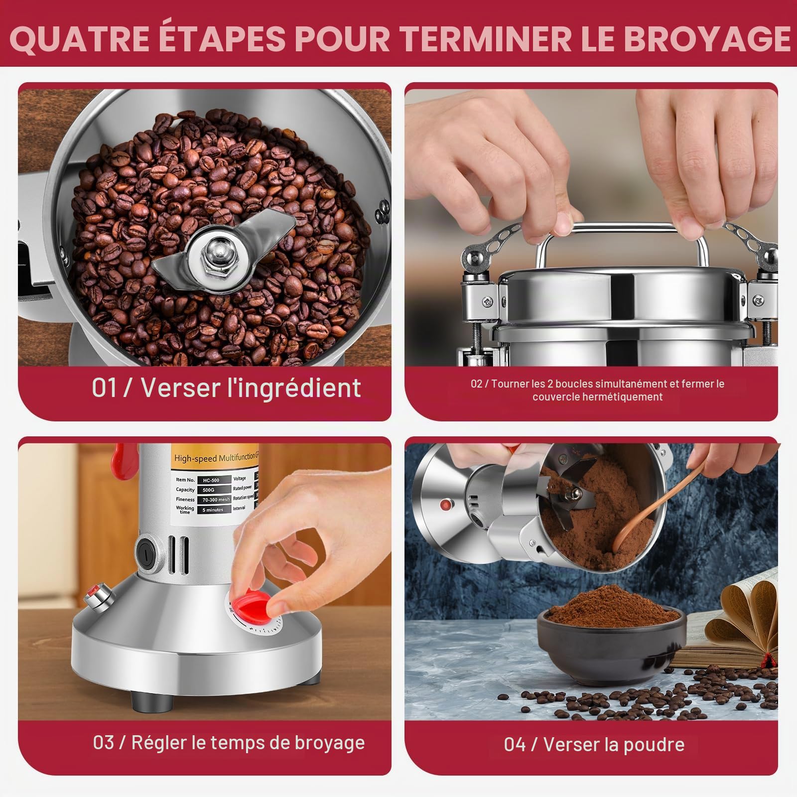 Moulin Céréales Grains électrique,500g Portable Grinder 220V Moulin à épices mit 3 Lames,pour céréales, herbes, épices, noix