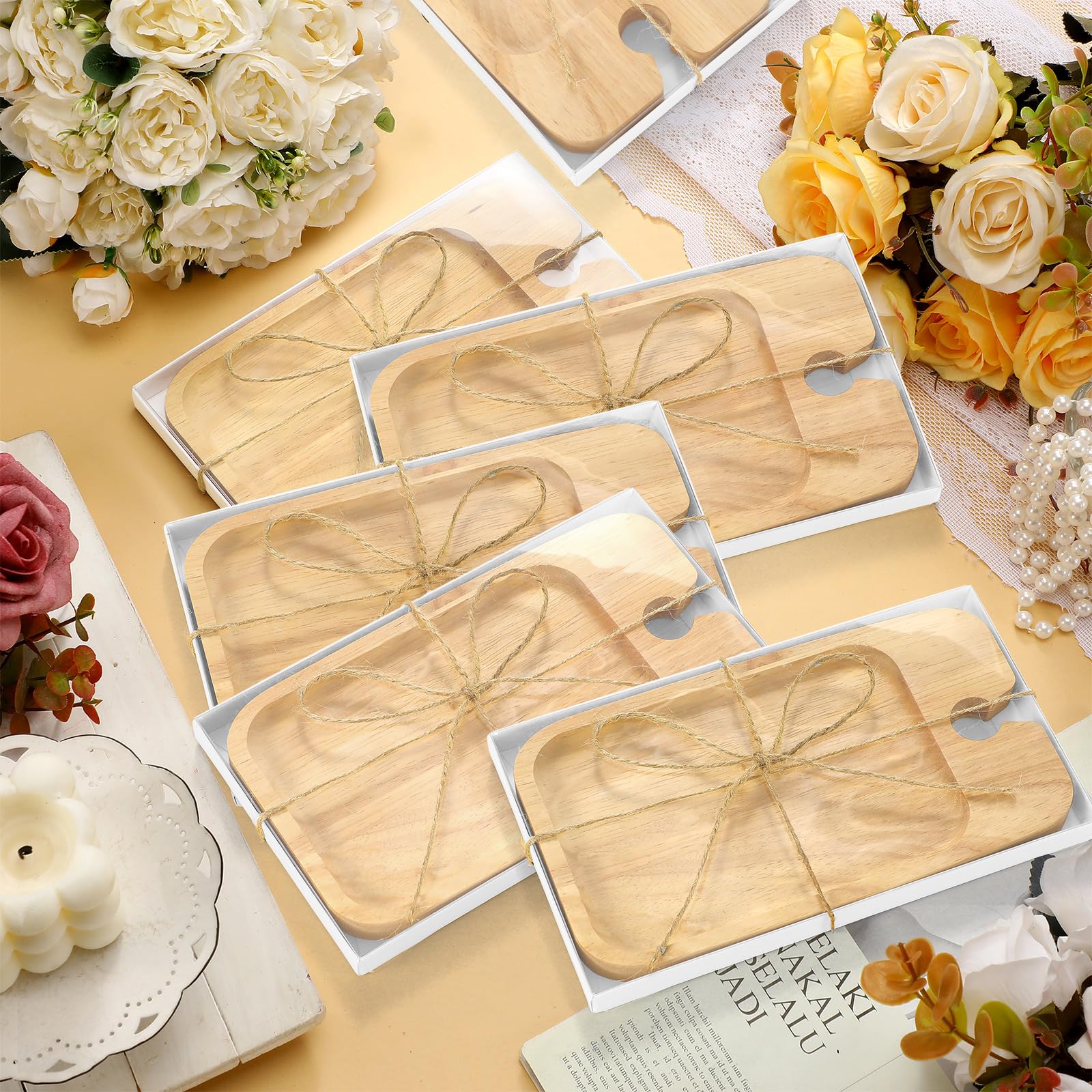Menkxi Lot de 12 planches à charcuterie en bois avec support pour verre à vin et boîte, cadeaux pour invités, fête de mariage, fête prénatale (rectangulaires, couleur foncée)