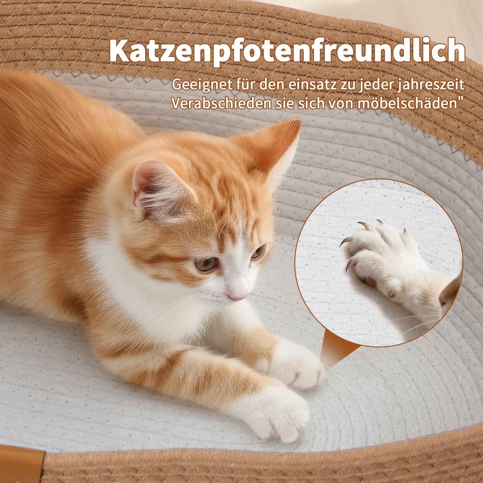 Mittimiya Baumwollseilen Gewebtes Katzenbett mit Kissen, 55 X 40 X 17 cm Krallen-SchleifbestäNdiges Waschbar Katzenkorb, Katzenkorb zum Schlafen für Alle Jahreszeiten Geeignet