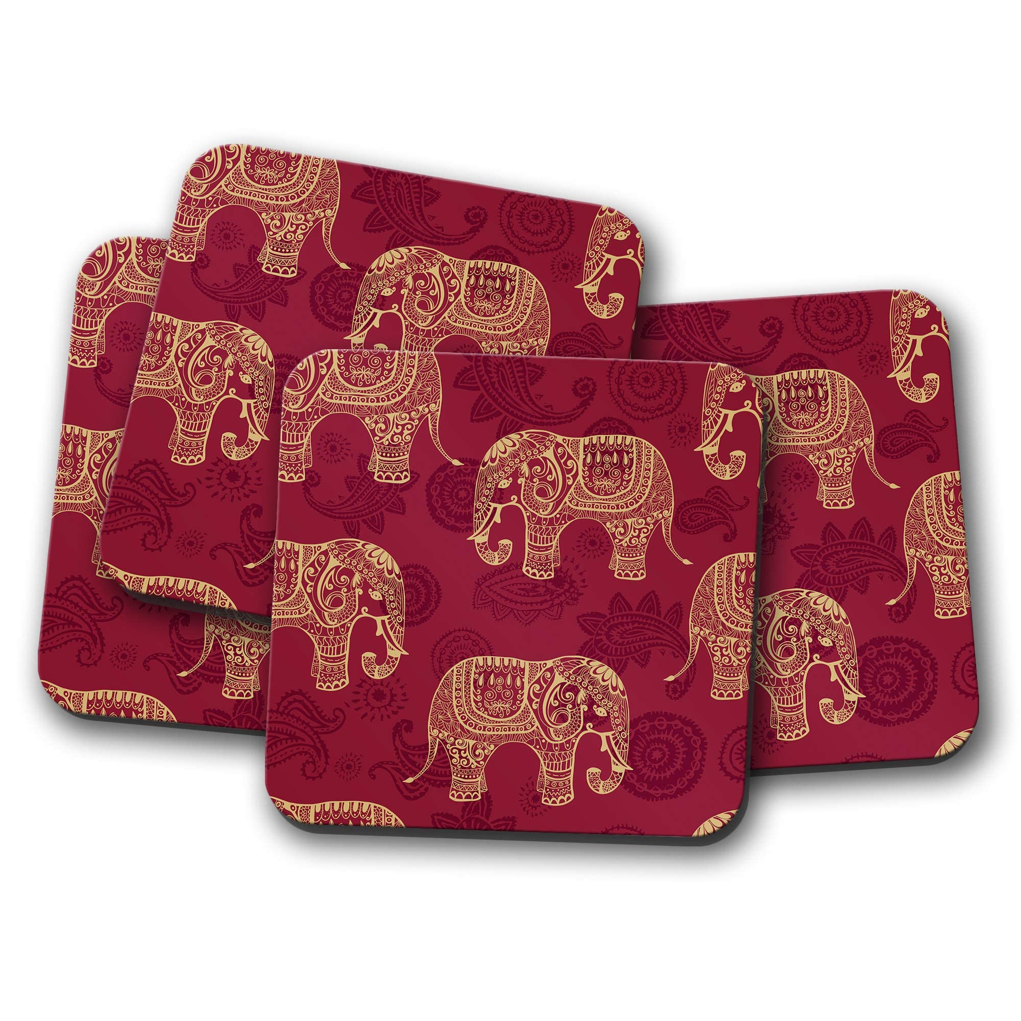 4 Set - Red Elephant Print Coaster - Indian India Mum Gold Auntie Fun Gift #8856