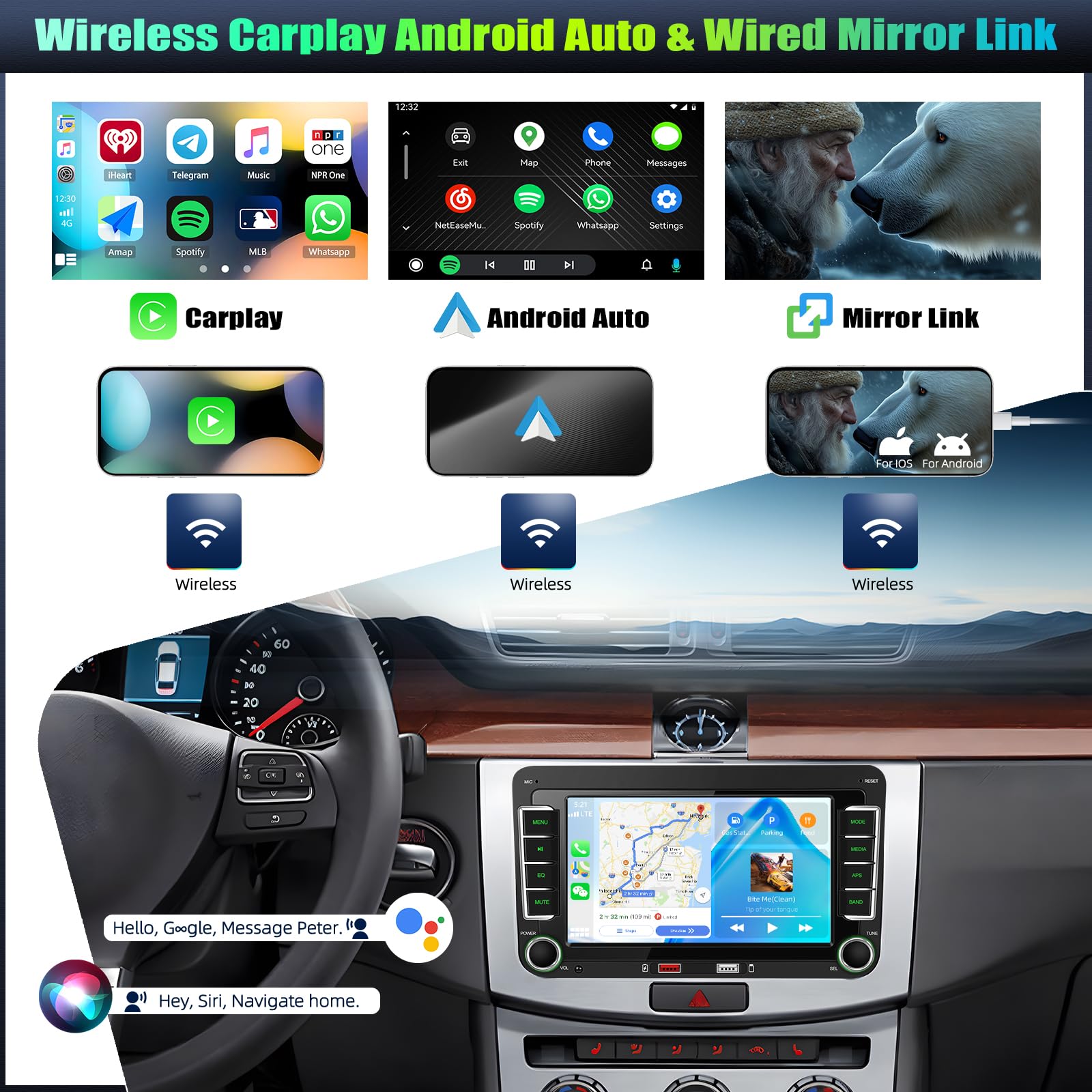 CAMECHO Samochód samochodowy 7" Carplay VW do Golf 5 6 Polo Passat Seat Touran Skoda Tiguan z kamerą cofania, radio Bluetooth z bezprzewodowym systemem Android Auto FM RDS 2USB EQ Sound SWC + ekran