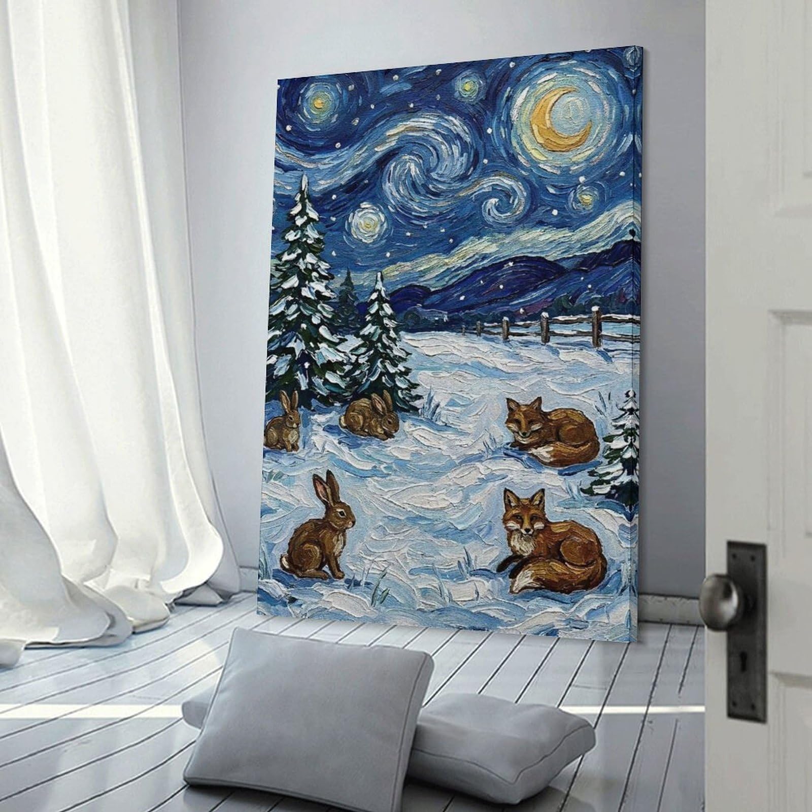 Junmoney Winter Night Scene with Animals Canvas Wall Art, 16x24inch(40x60cm), for Bedroom Decor, Cosy Corners Or Studios, Stylish Decor for A Restful Room Update