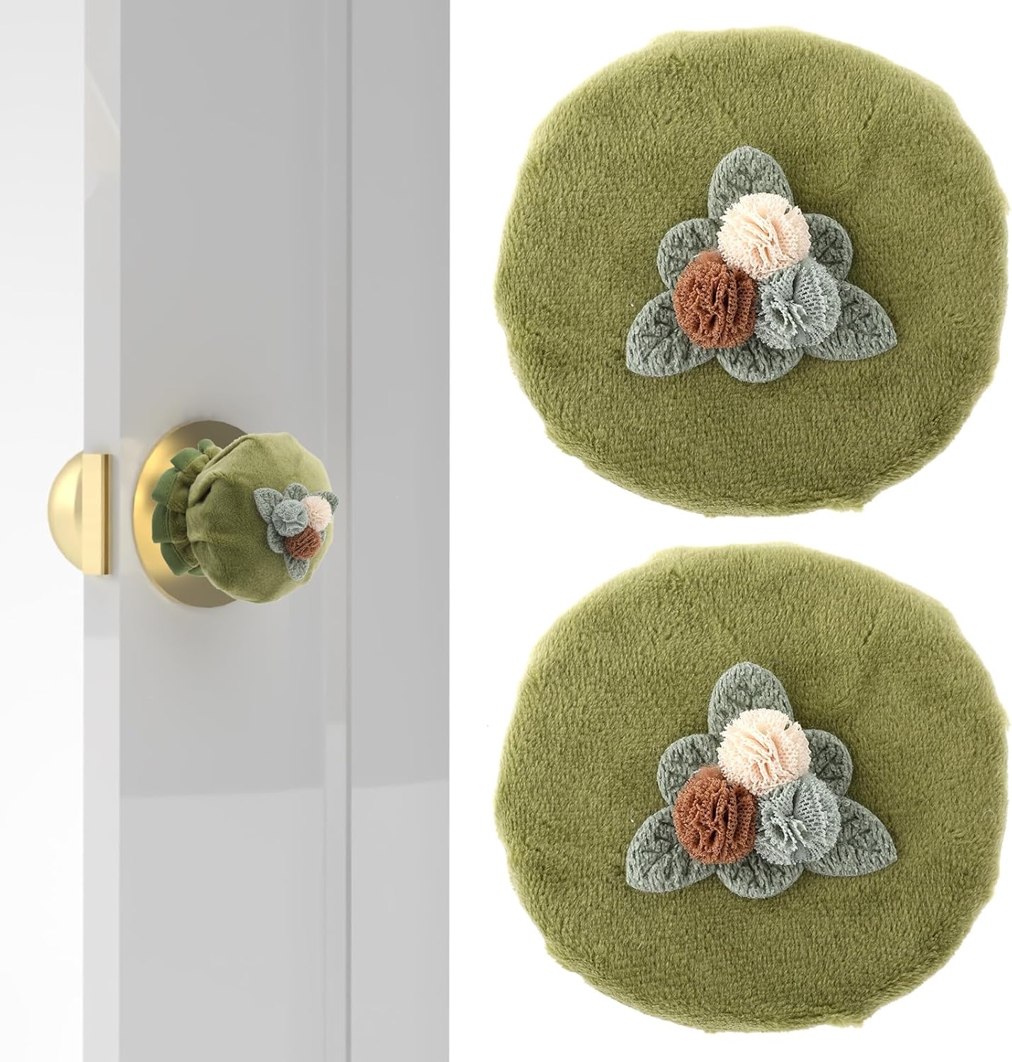 TIESOME 2 PCS Door Knob Covers for Round Door Handle, Flower Shape Door Knob Protector Cover Wall Protectors Washable and Reusable Door Handle Cover for Door Handle Protection and Decorating(Green)