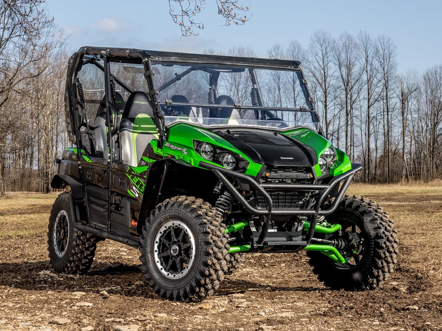 SuperATV 1/4" Scratch Resistant Polycarbonate Flip Down Front Windshield Compatible With Kawasaki Teryx 800 & 4 800: 2016+ | Teryx S & 4 S: 2021+ | 2 in 1: Full and Half Windshield | USA Made