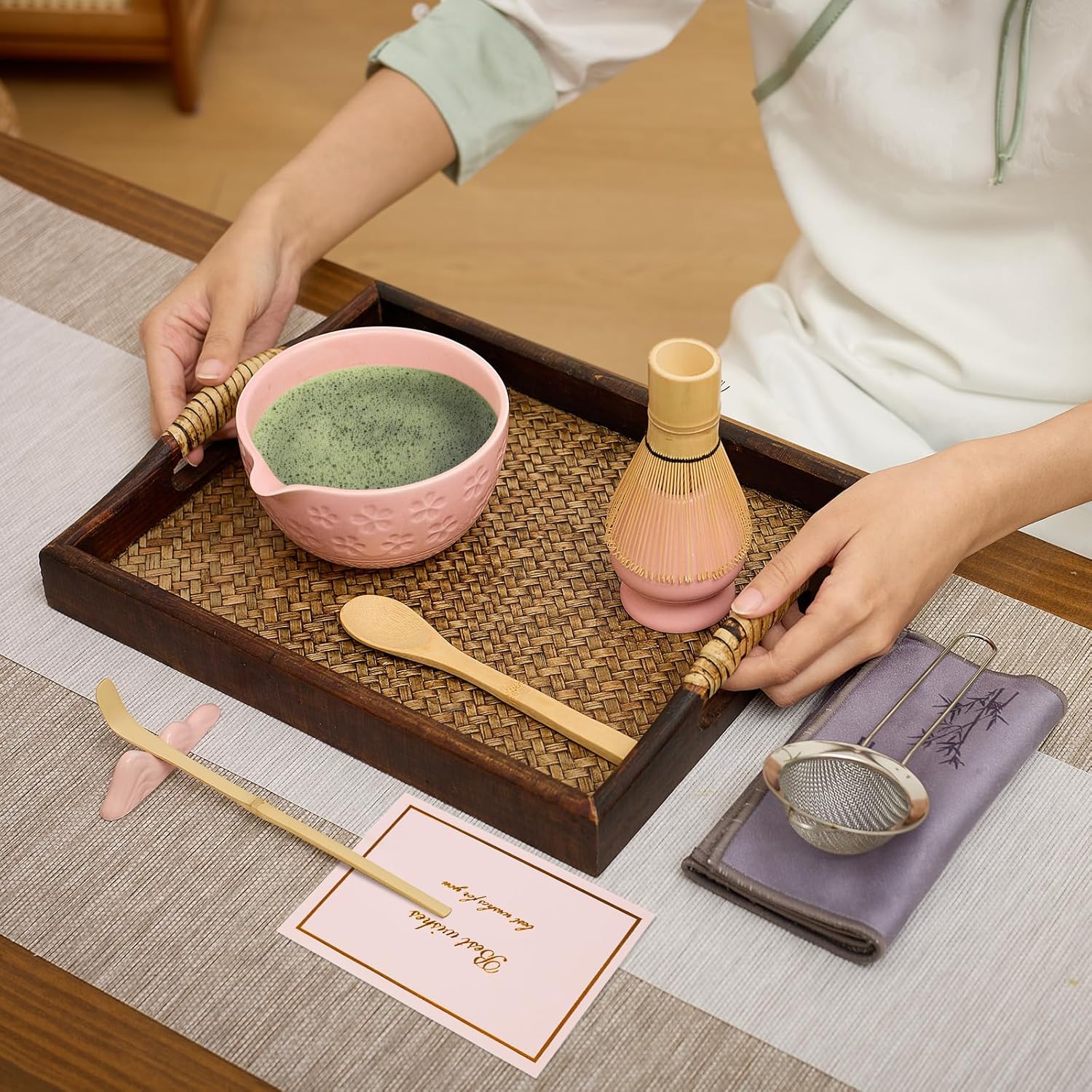 Matcha Whisk Set - Traditional Bamboo Chasen with Bowl, Complete Matcha Tea Making Kit & Starter Tools for Authentic Japanese Ceremony (Pink01, 8pcs/set,Bowl entry-level Set)