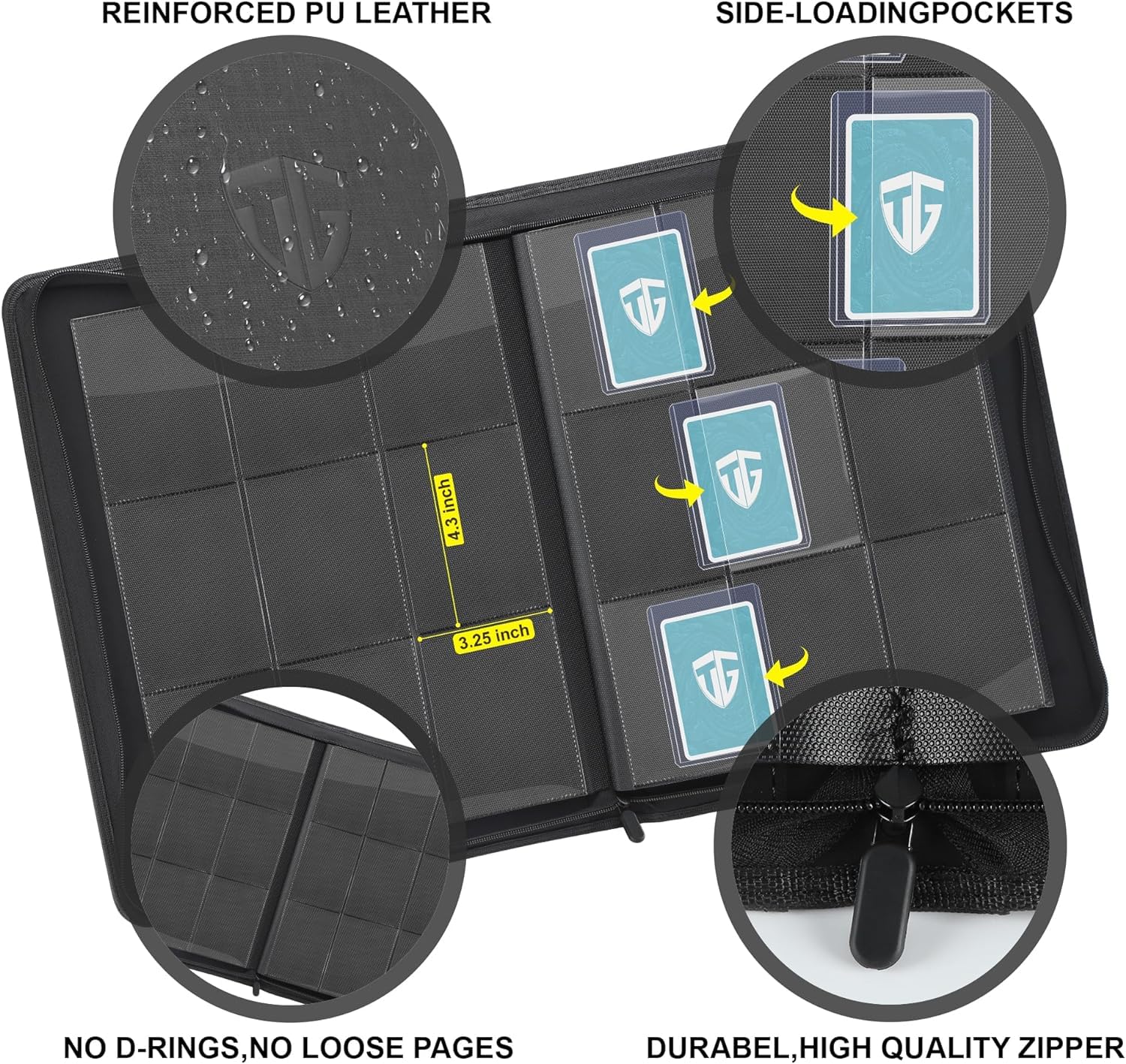TCGUARD Toploader - Album di carte da collezione per 216 Top Loader, 9 scomparti con tasche per carte Rigid Toploader da 7,6 x 10 cm, per TCG, carte MTG (nero)
