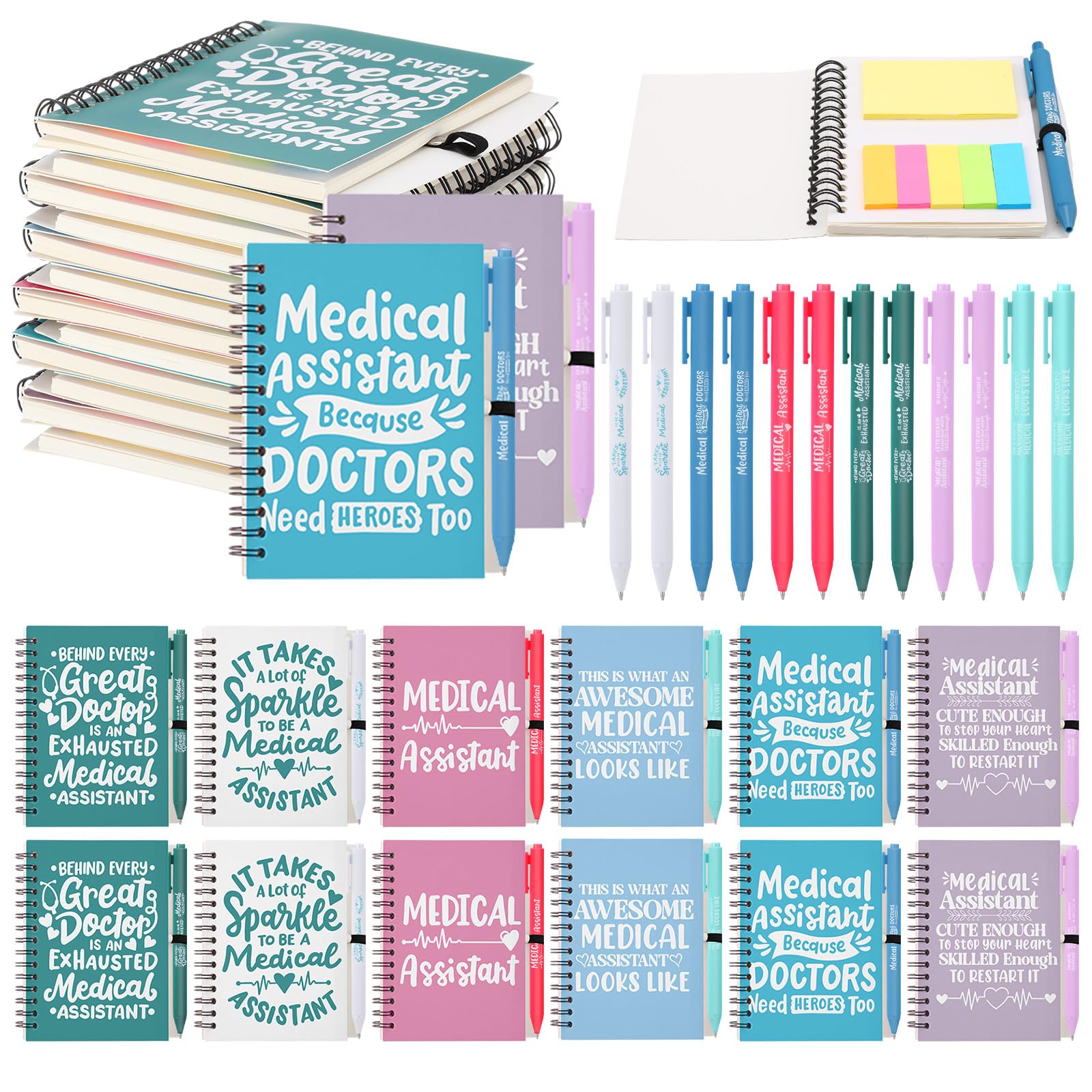 Vesici Lot de 12 carnets à spirales multicolores en papier kraft avec notes adhésives pour infirmières, collègues, personnel médical, fournitures de bureau