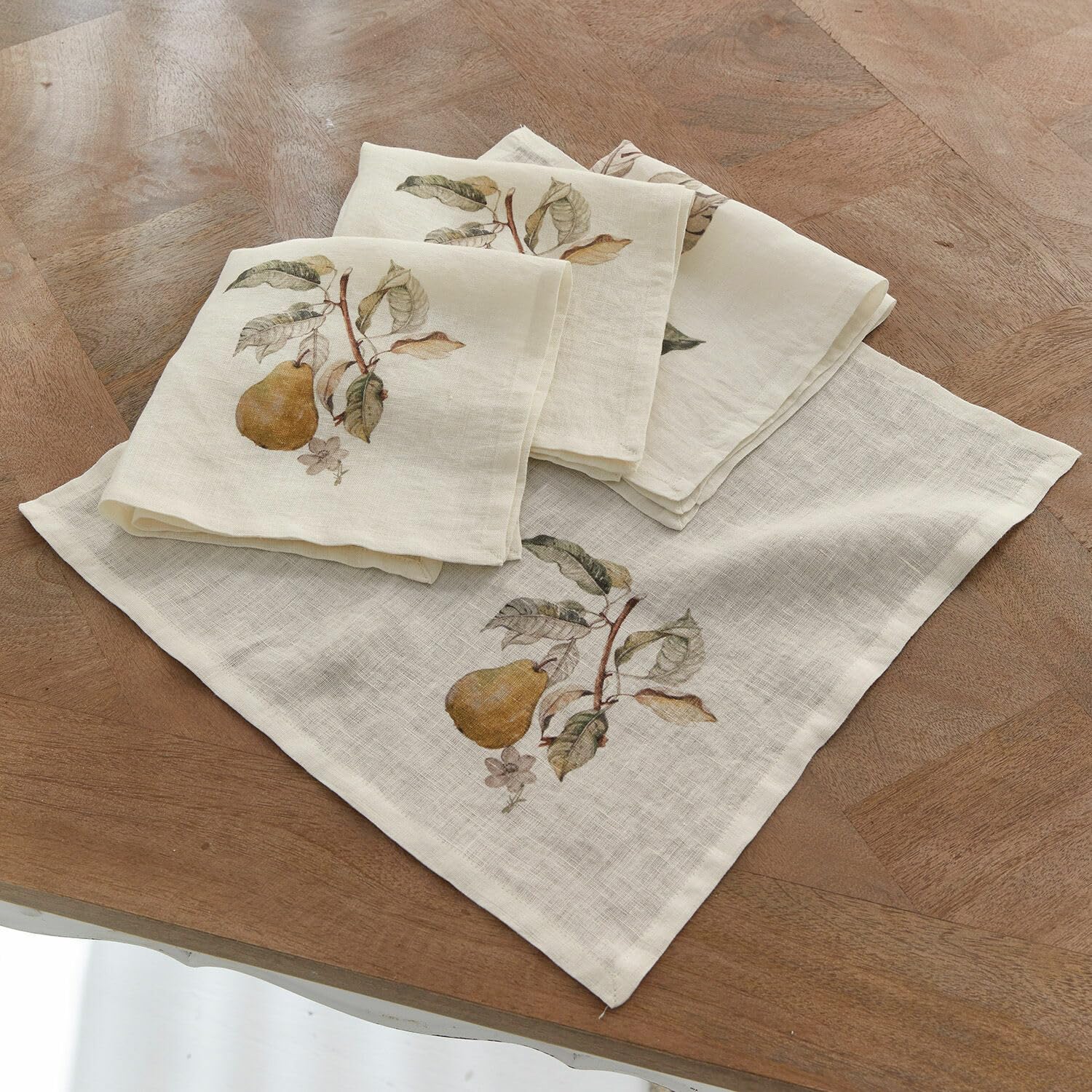 LOBERON Serviette 4er Set Tupisa, zarter Birnen-Print, Landhaus-Stil, wiederverwendbar, Tischdeko, Tischwäsche, Leinen, Offwhite