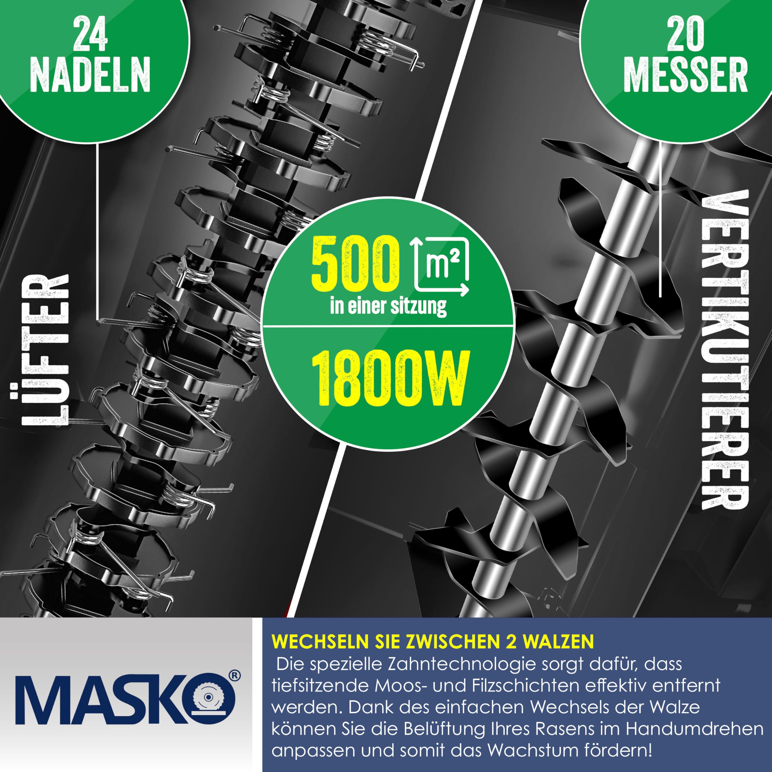 MASKO® Scarificateur électrique 2 en 1 Aérateur de gazon 1 800 watts largeur de travail 40 cm bac de ramassage 55 L incluant rouleau de ventilation aérateur démousseur, profondeur de travail, rouge