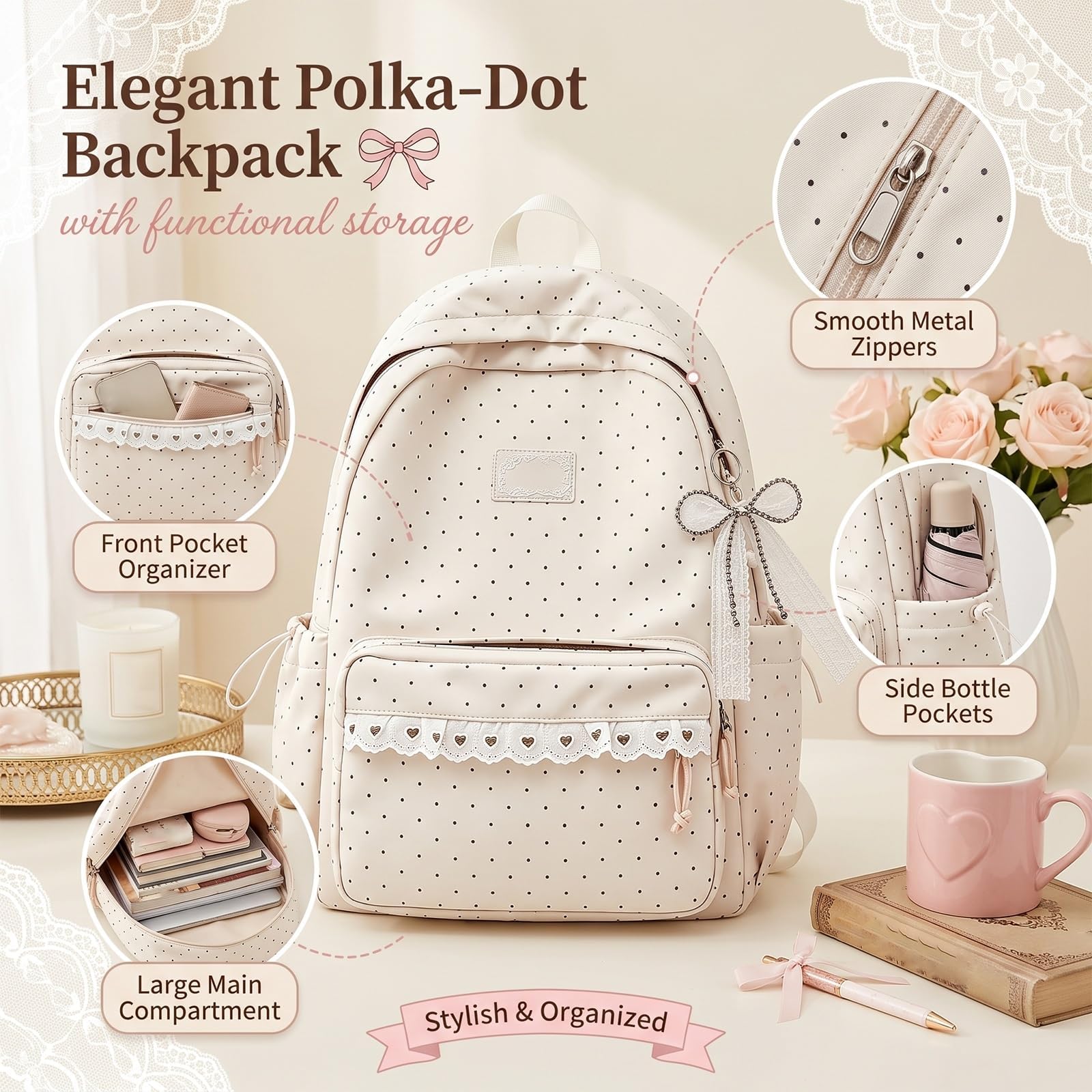 Zaino Da Donna In Nylon A Pois, Borsa Y2K Carino Per Laptop Libri, Zaino Da Viaggio Legero E Capiente, Borsa In Nylon Impermeabile Con Multi Scomparti, Zainos Casual Per Tutti I Giorni(Bianco)